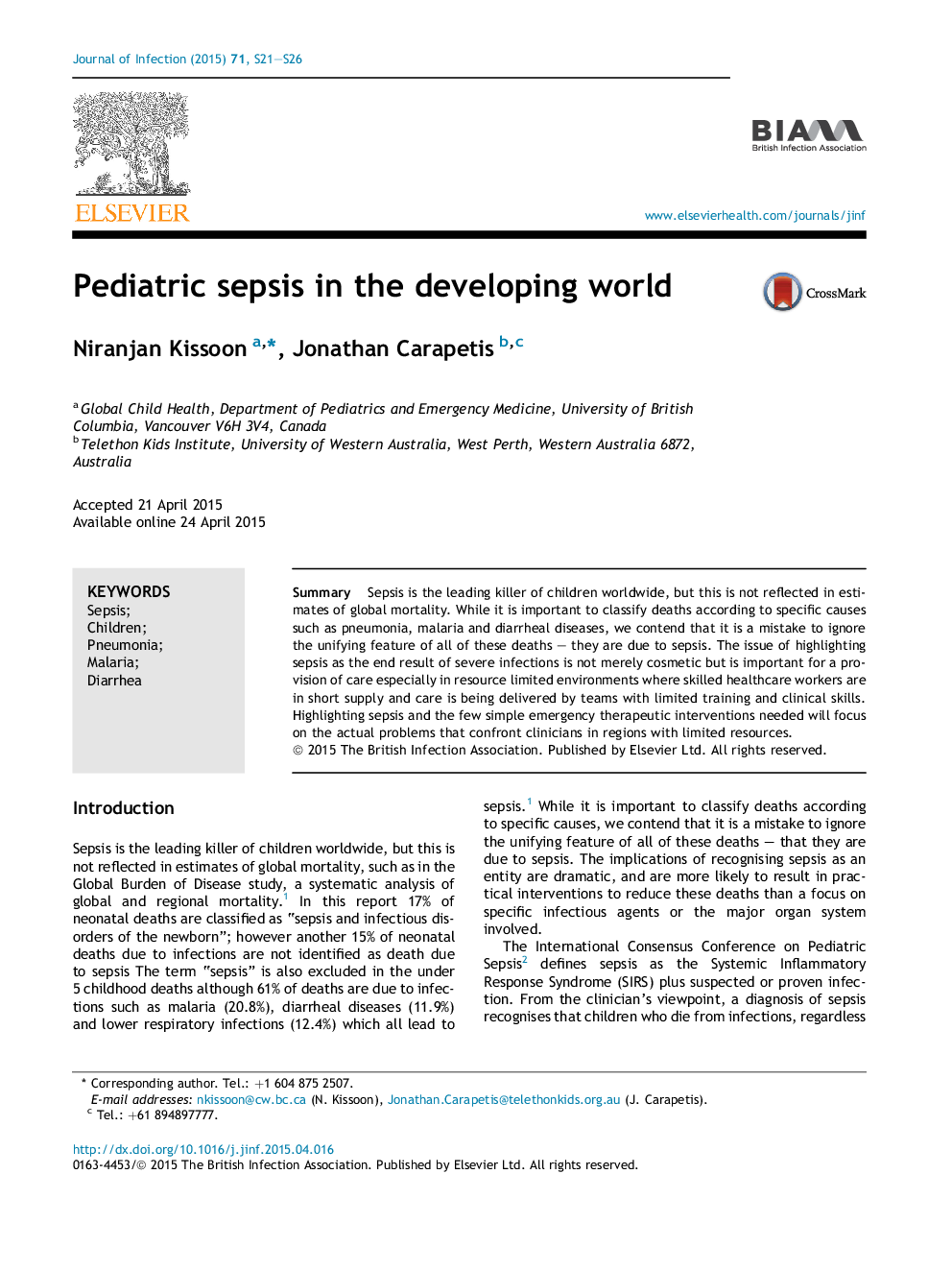 Pediatric sepsis in the developing world