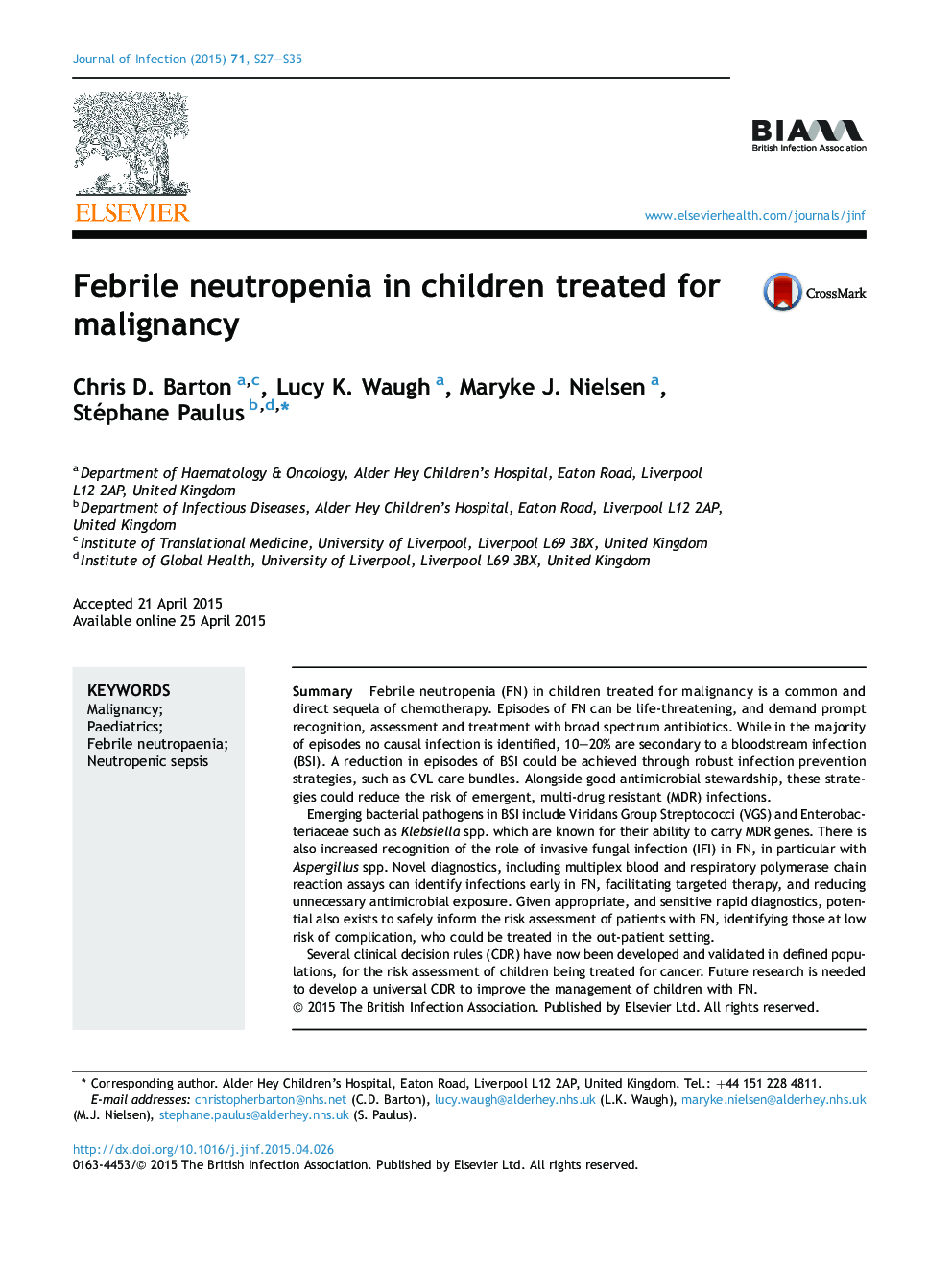 Febrile neutropenia in children treated for malignancy