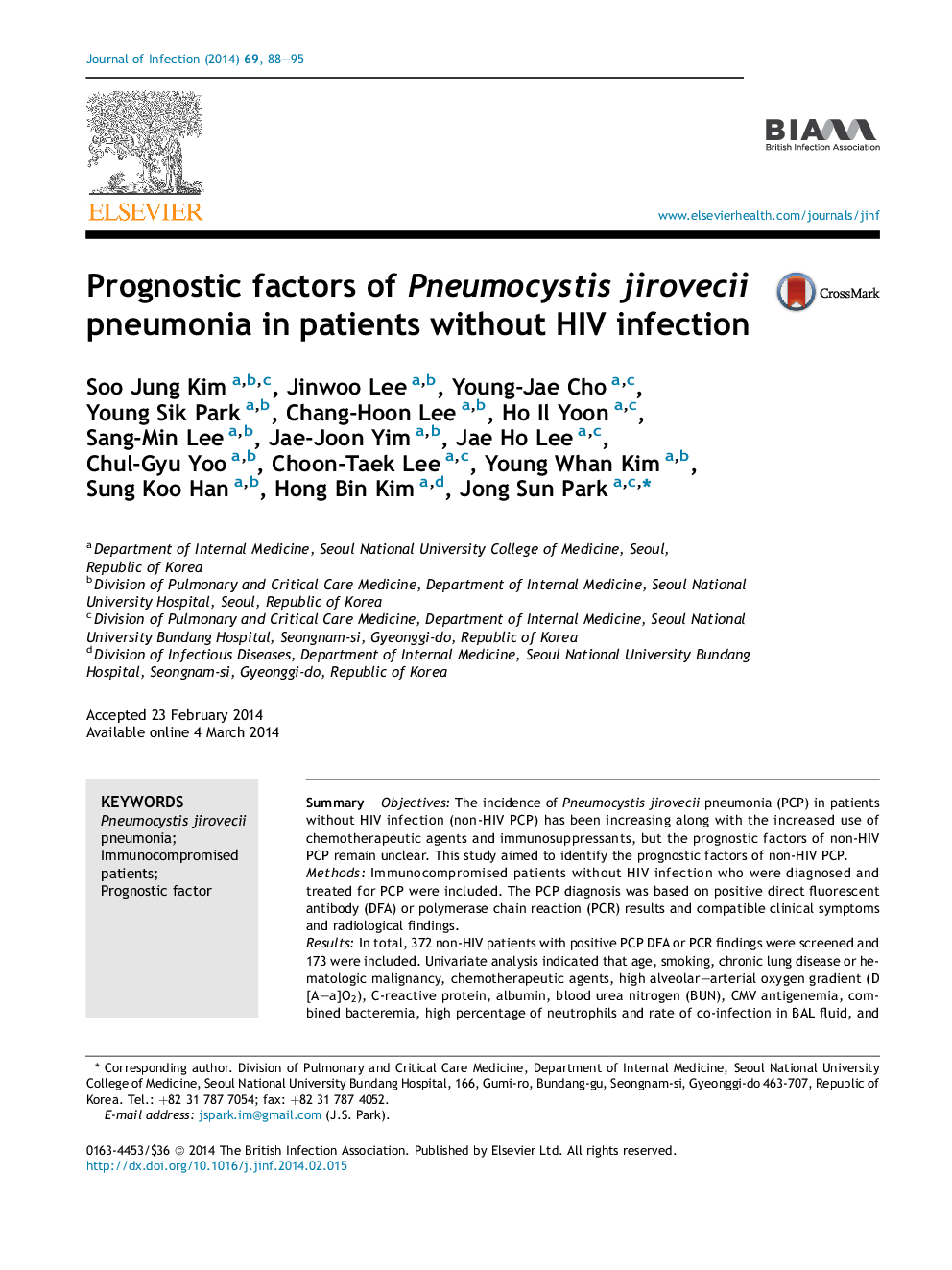 Prognostic factors of Pneumocystis jirovecii pneumonia in patients without HIV infection