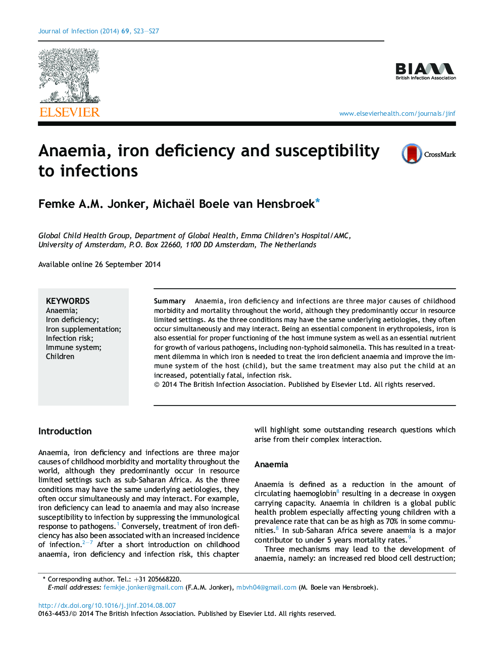 Anaemia, iron deficiency and susceptibility to infections