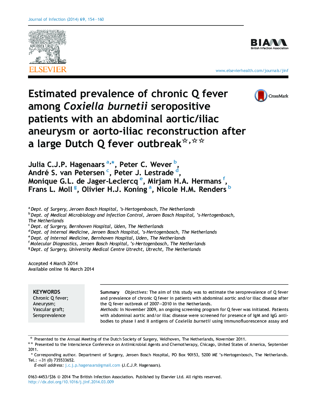 Estimated prevalence of chronic Q fever among Coxiella burnetii seropositive patients with an abdominal aortic/iliac aneurysm or aorto-iliac reconstruction after a large Dutch Q fever outbreak 