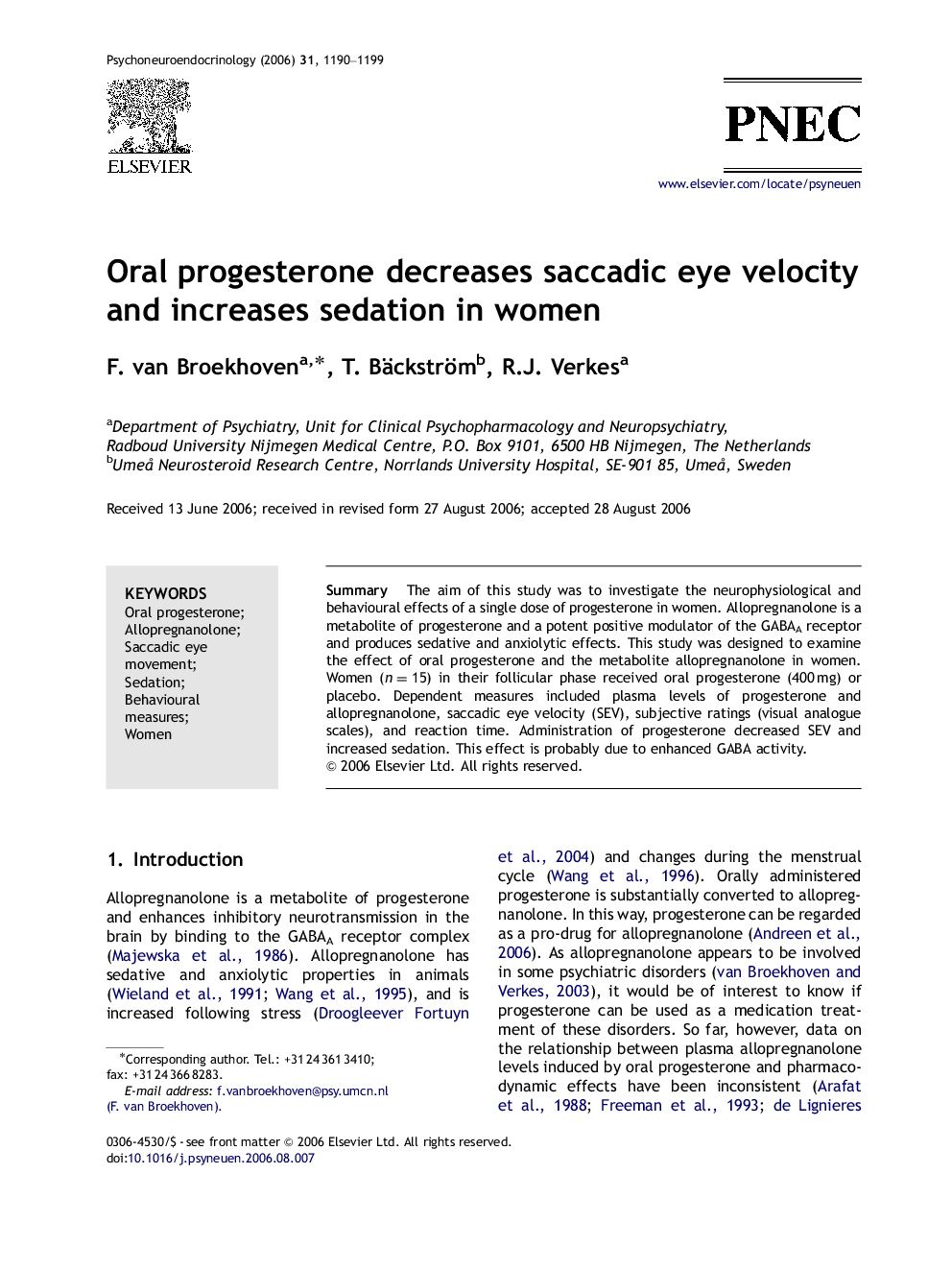 Oral progesterone decreases saccadic eye velocity and increases sedation in women