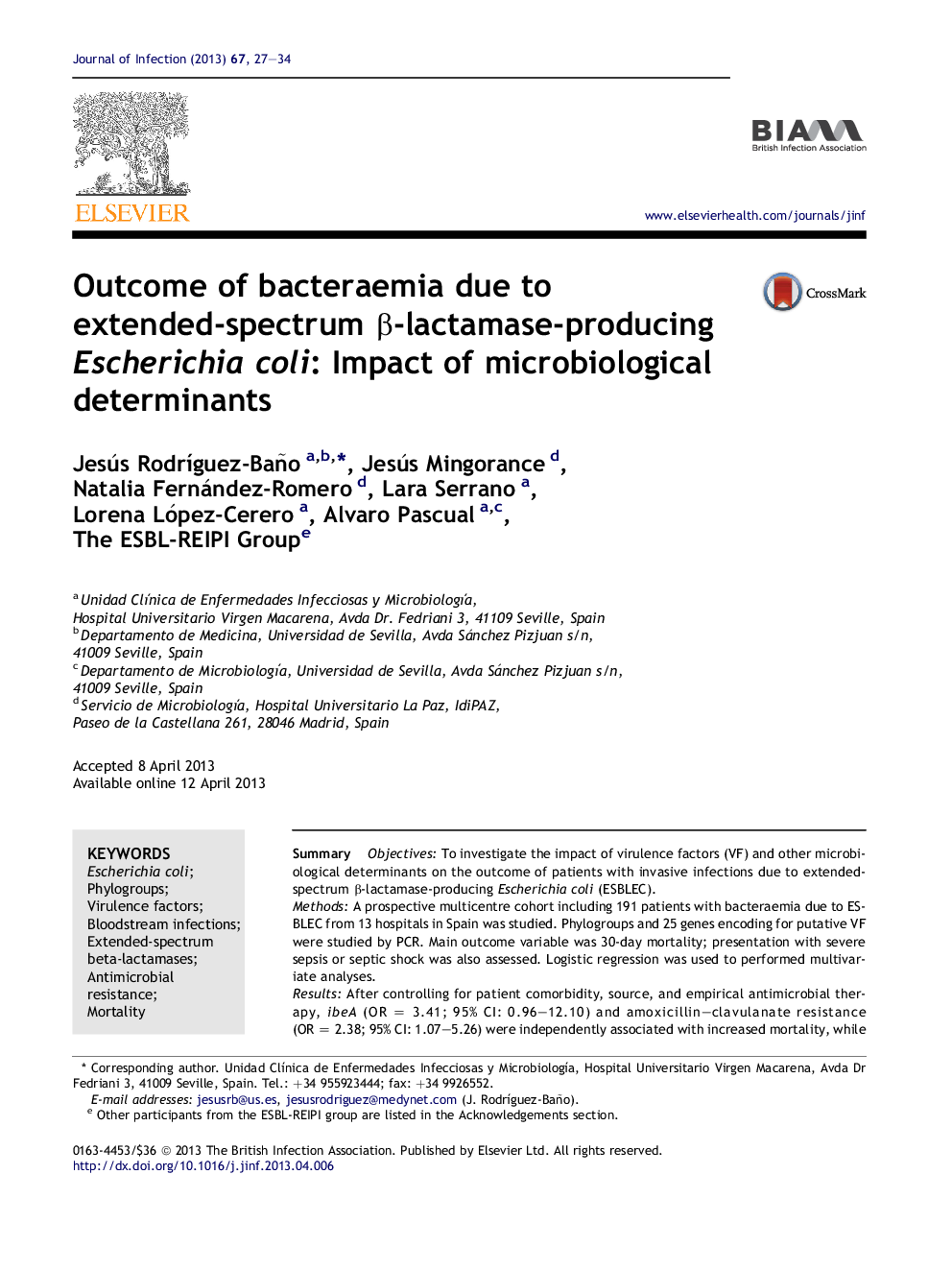 Outcome of bacteraemia due to extended-spectrum β-lactamase-producing Escherichia coli: Impact of microbiological determinants