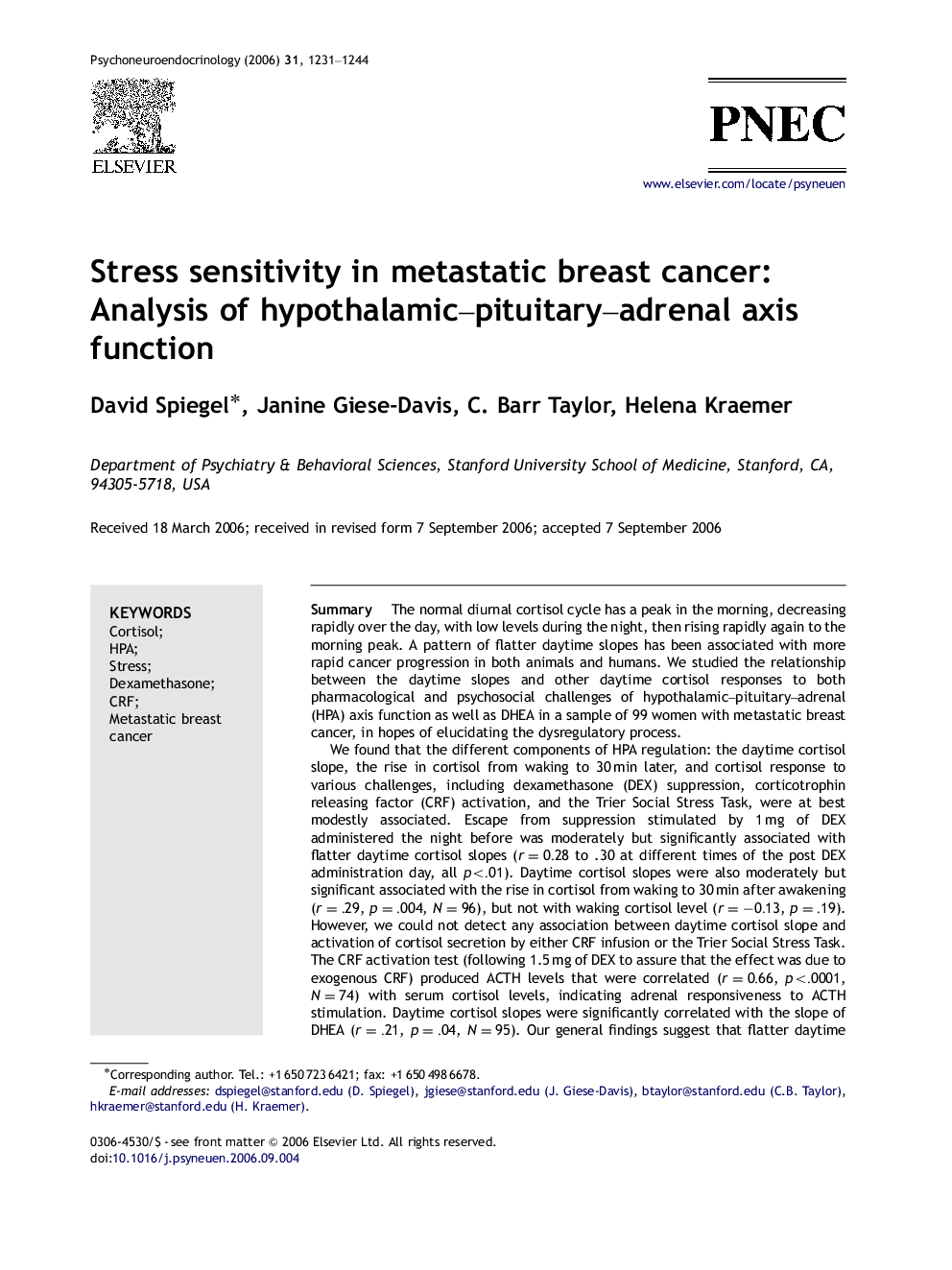 Stress sensitivity in metastatic breast cancer: Analysis of hypothalamic–pituitary–adrenal axis function