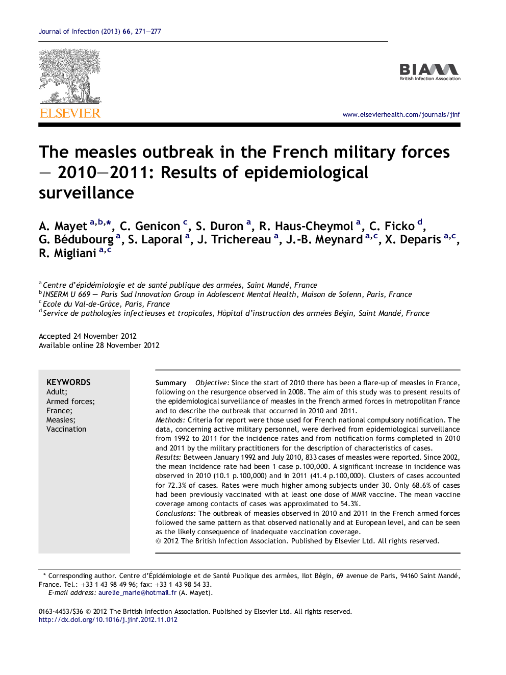 The measles outbreak in the French military forces – 2010–2011: Results of epidemiological surveillance