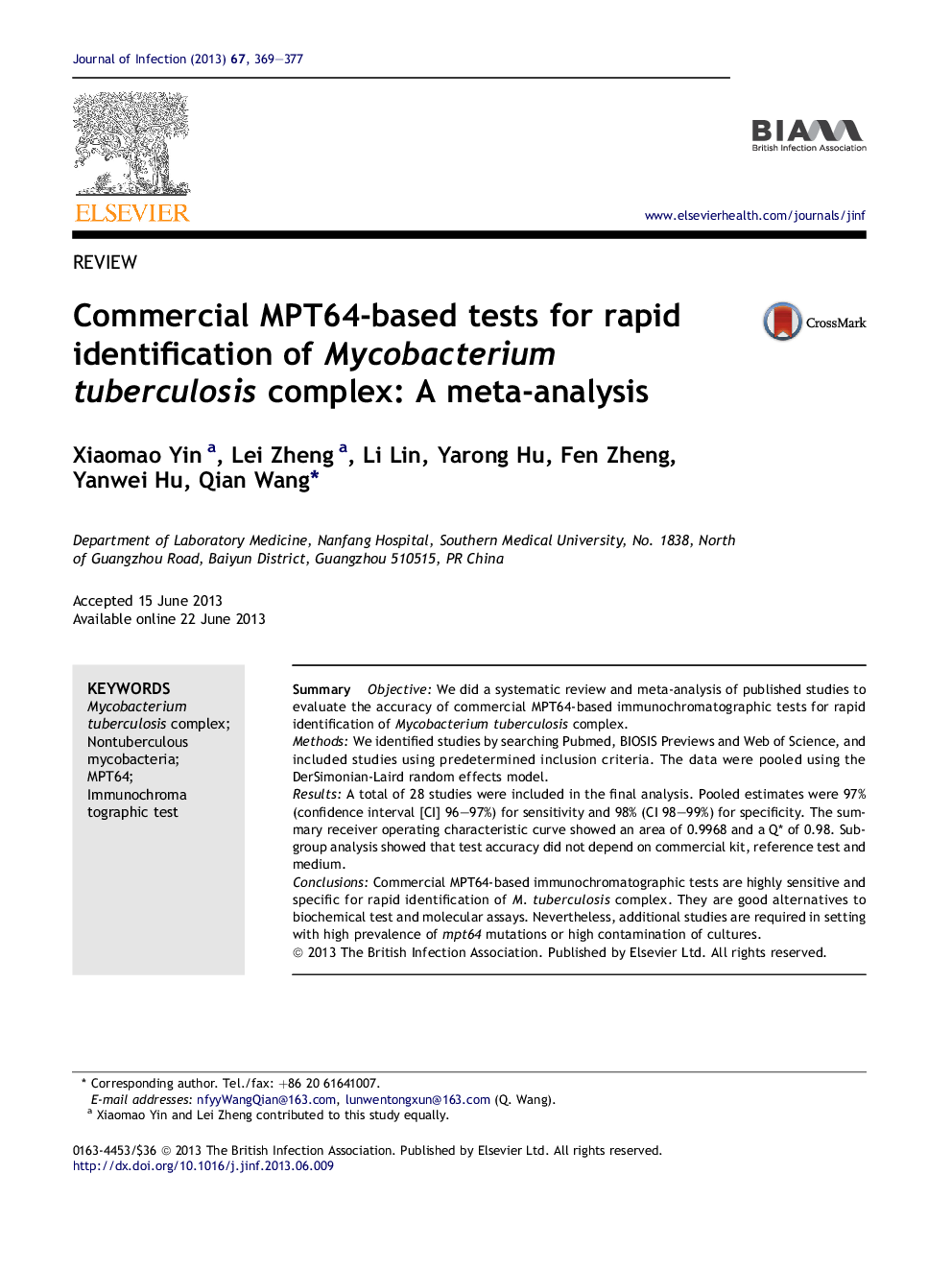 Commercial MPT64-based tests for rapid identification of Mycobacterium tuberculosis complex: A meta-analysis