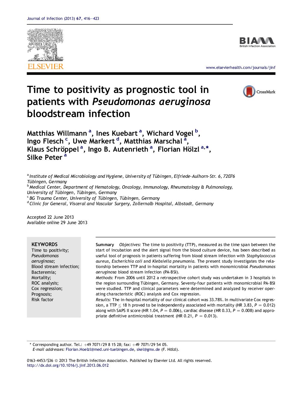 Time to positivity as prognostic tool in patients with Pseudomonas aeruginosa bloodstream infection