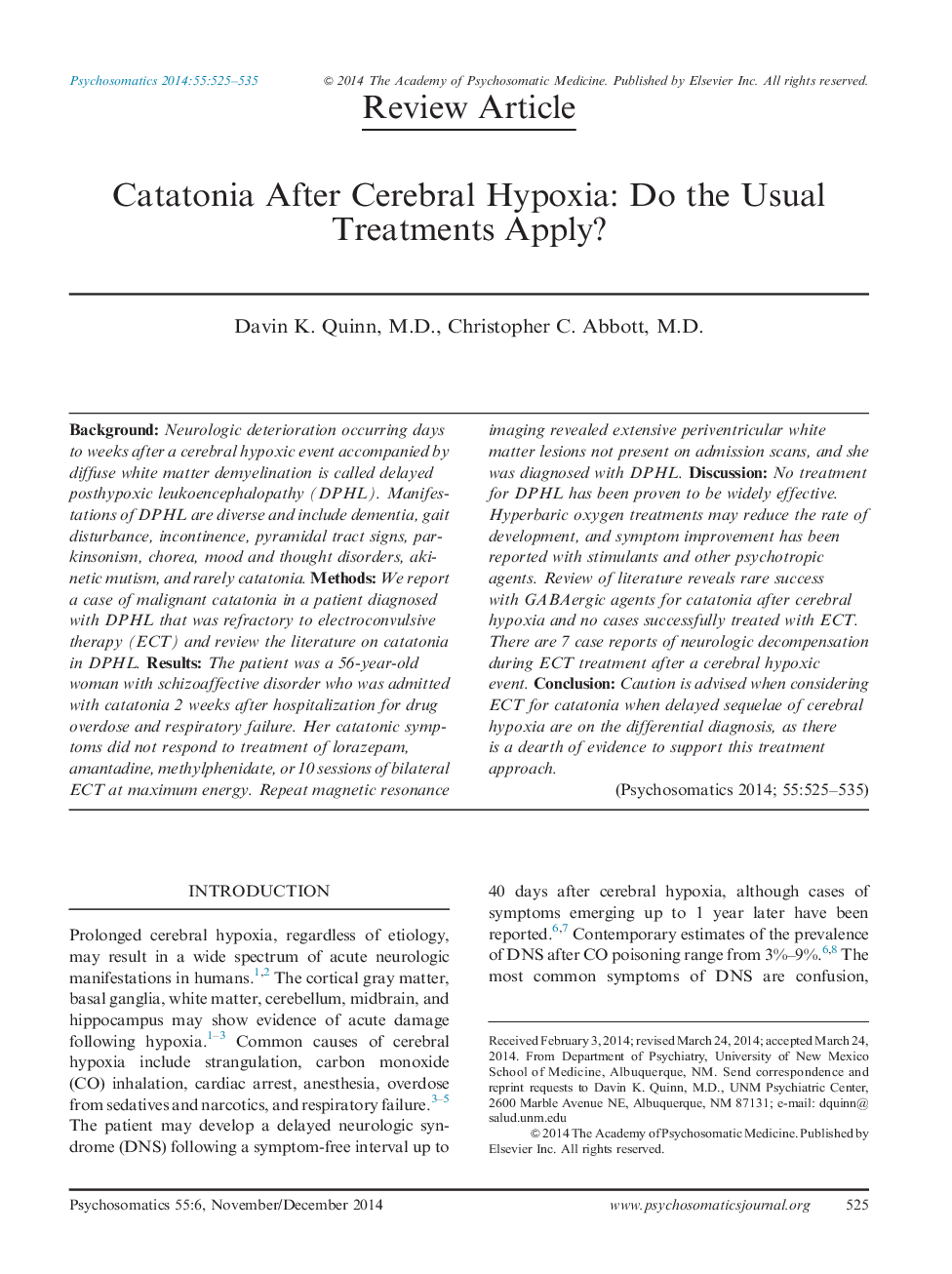 Catatonia After Cerebral Hypoxia: Do the Usual Treatments Apply?
