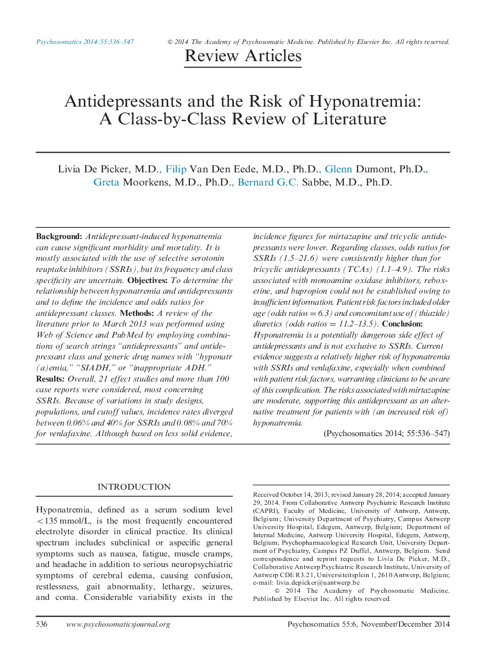 Antidepressants and the Risk of Hyponatremia: A Class-by-Class Review of Literature