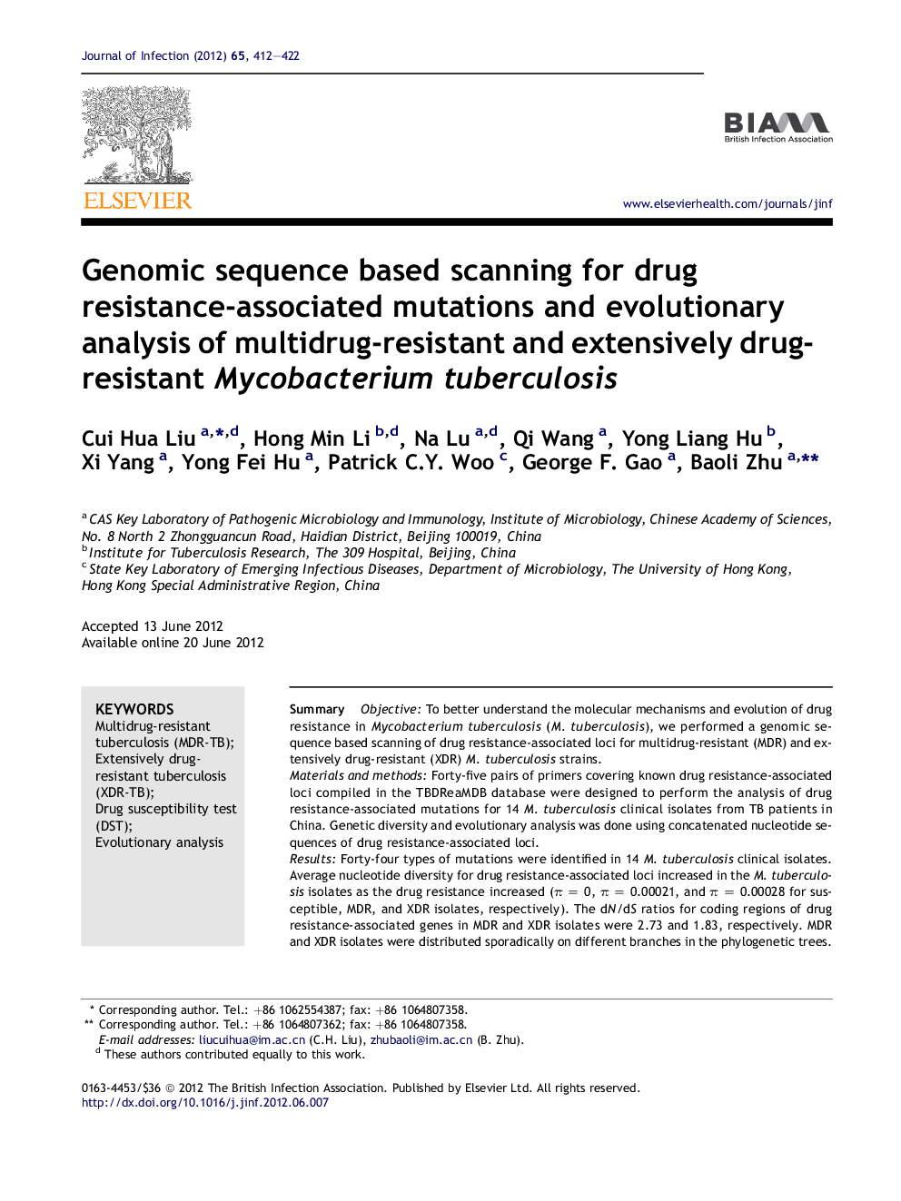 Genomic sequence based scanning for drug resistance-associated mutations and evolutionary analysis of multidrug-resistant and extensively drug-resistant Mycobacterium tuberculosis