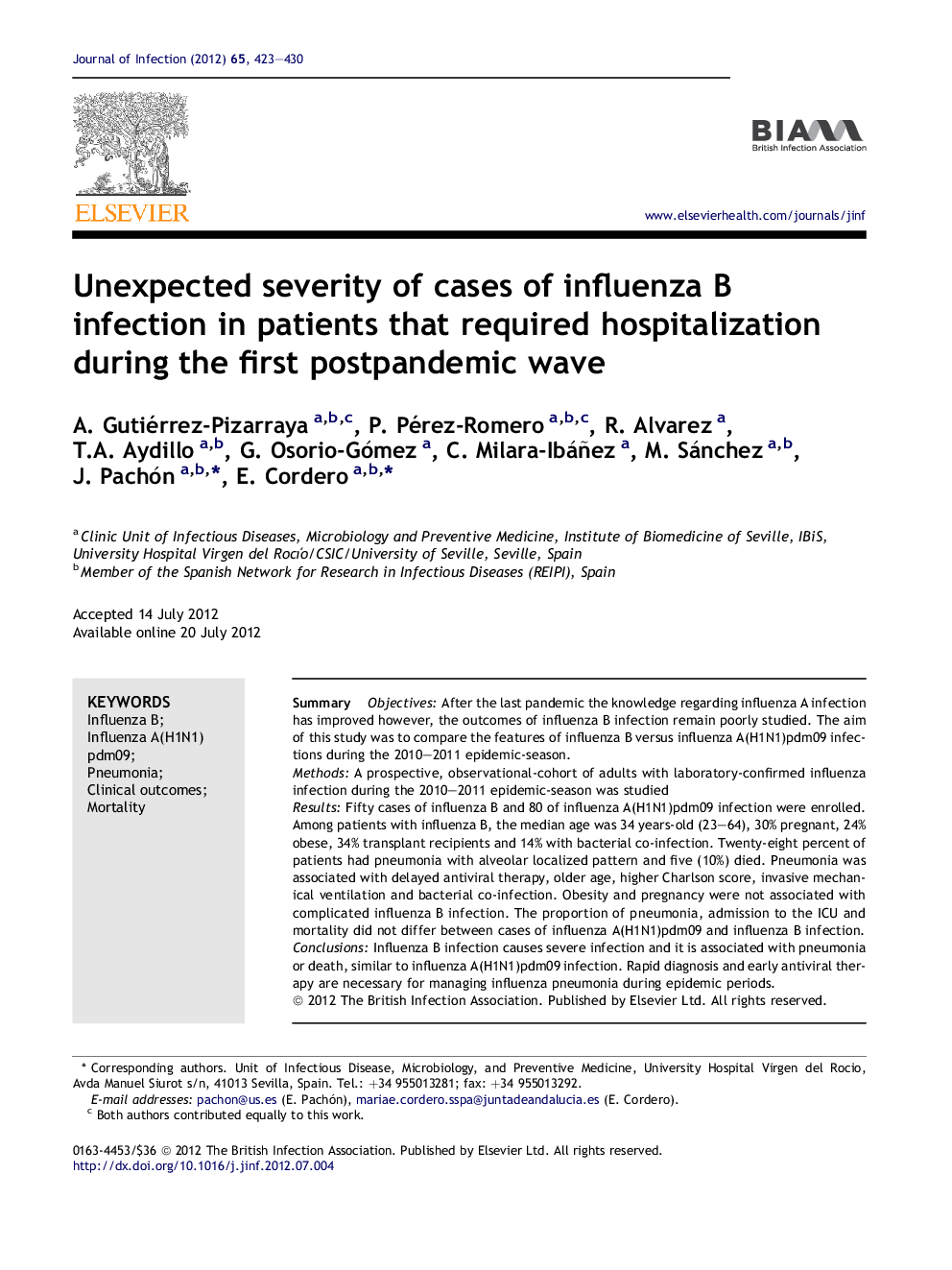 Unexpected severity of cases of influenza B infection in patients that required hospitalization during the first postpandemic wave