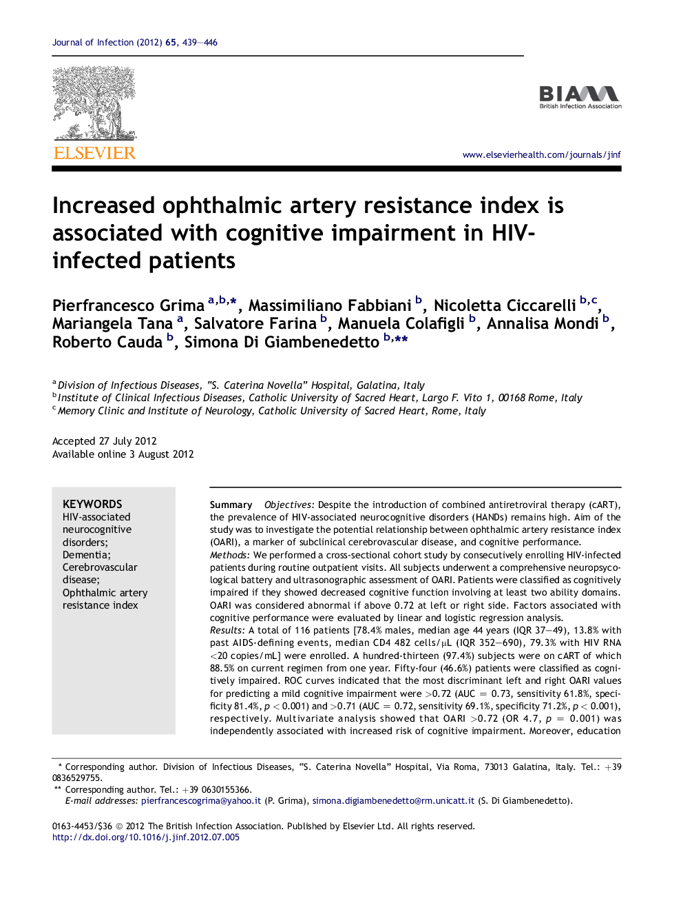 Increased ophthalmic artery resistance index is associated with cognitive impairment in HIV-infected patients