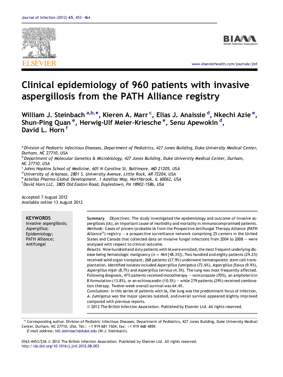 Clinical epidemiology of 960 patients with invasive aspergillosis from the PATH Alliance registry