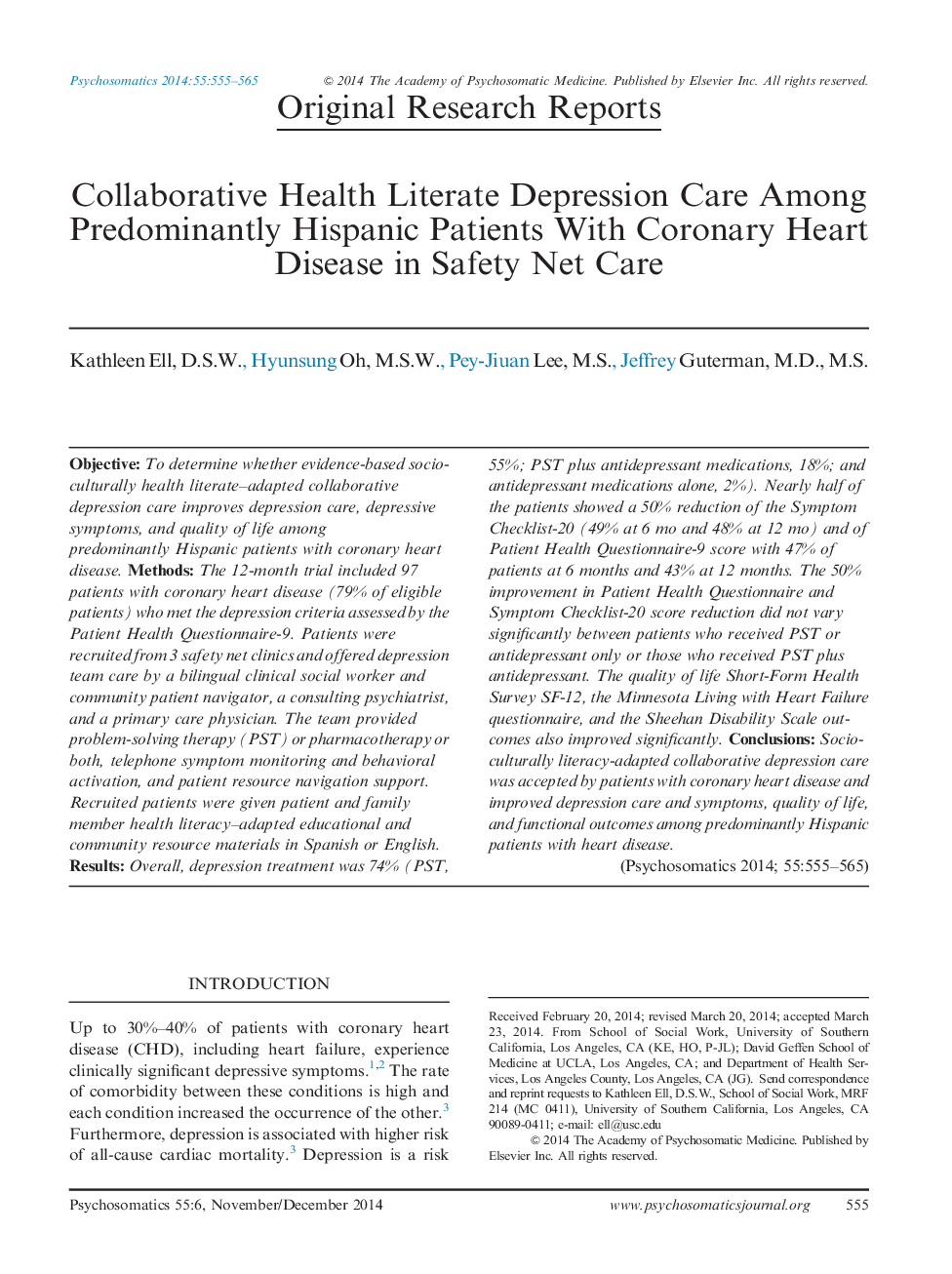 Collaborative Health Literate Depression Care Among Predominantly Hispanic Patients With Coronary Heart Disease in Safety Net Care