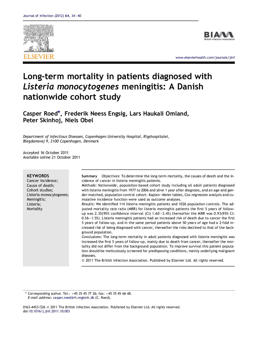 Long-term mortality in patients diagnosed with Listeria monocytogenes meningitis: A Danish nationwide cohort study