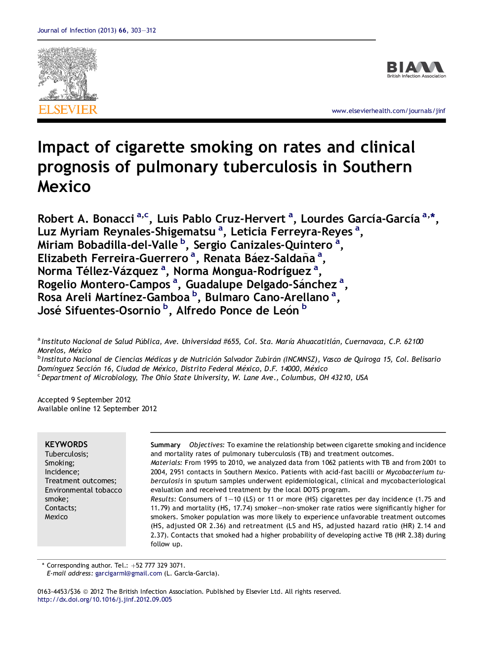 Impact of cigarette smoking on rates and clinical prognosis of pulmonary tuberculosis in Southern Mexico