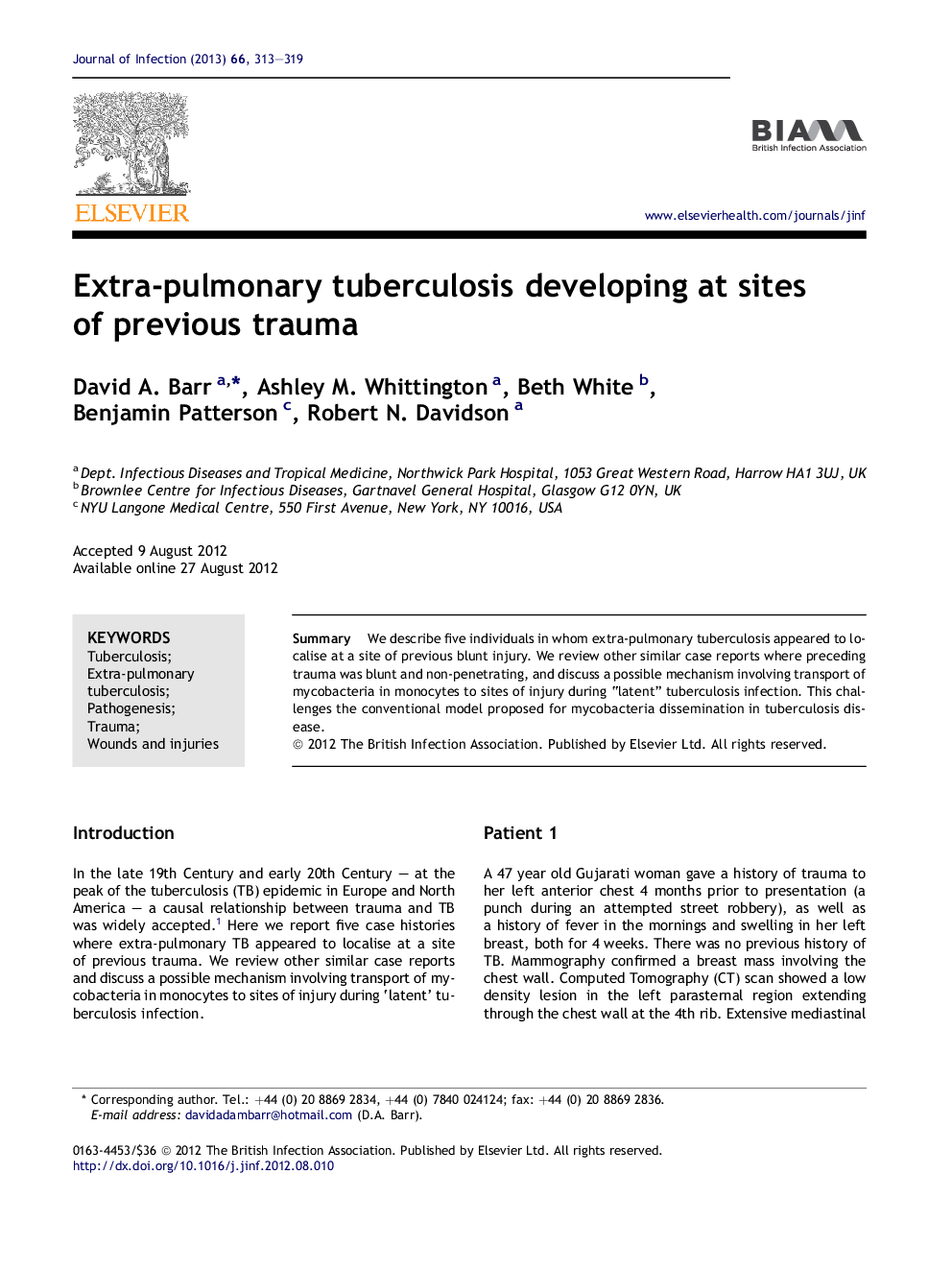 Extra-pulmonary tuberculosis developing at sites of previous trauma