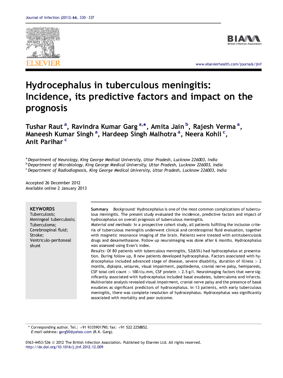 Hydrocephalus in tuberculous meningitis: Incidence, its predictive factors and impact on the prognosis