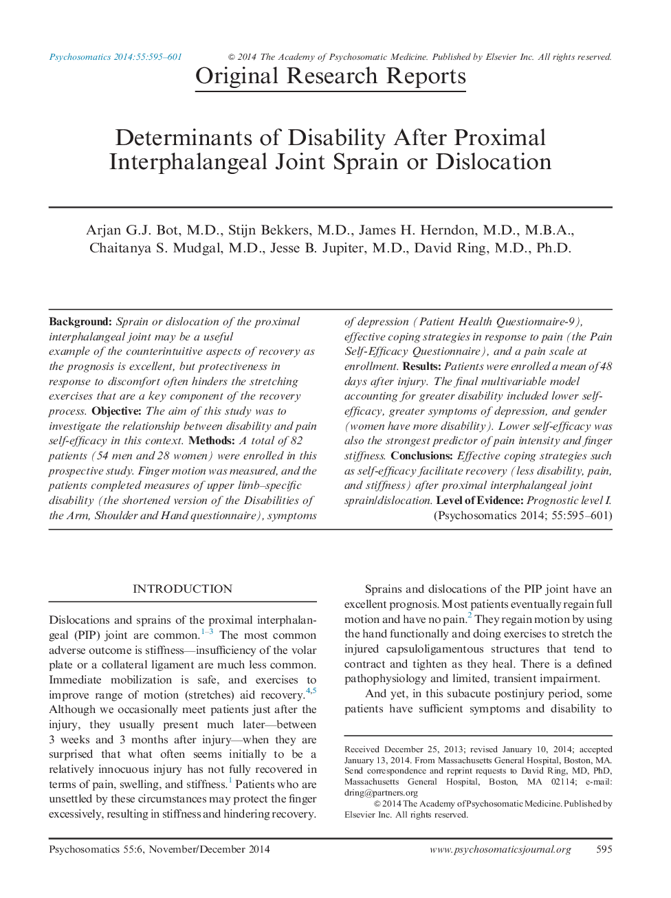 Determinants of Disability After Proximal Interphalangeal Joint Sprain or Dislocation