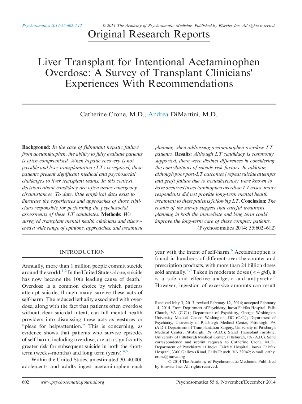 Liver Transplant for Intentional Acetaminophen Overdose: A Survey of Transplant Clinicians׳ Experiences With Recommendations