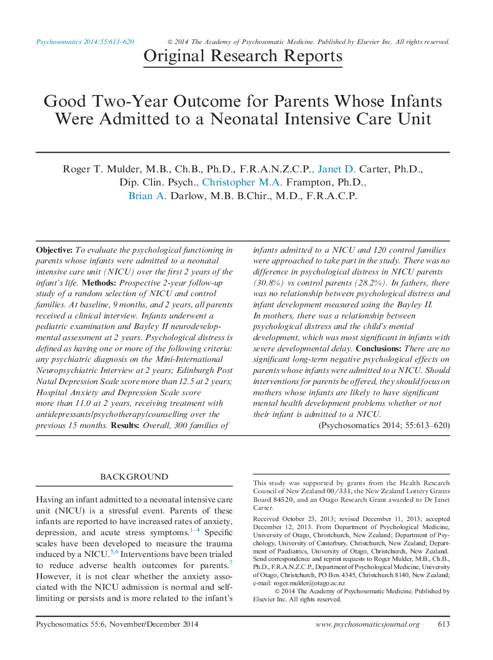 Good Two-Year Outcome for Parents Whose Infants Were Admitted to a Neonatal Intensive Care Unit 