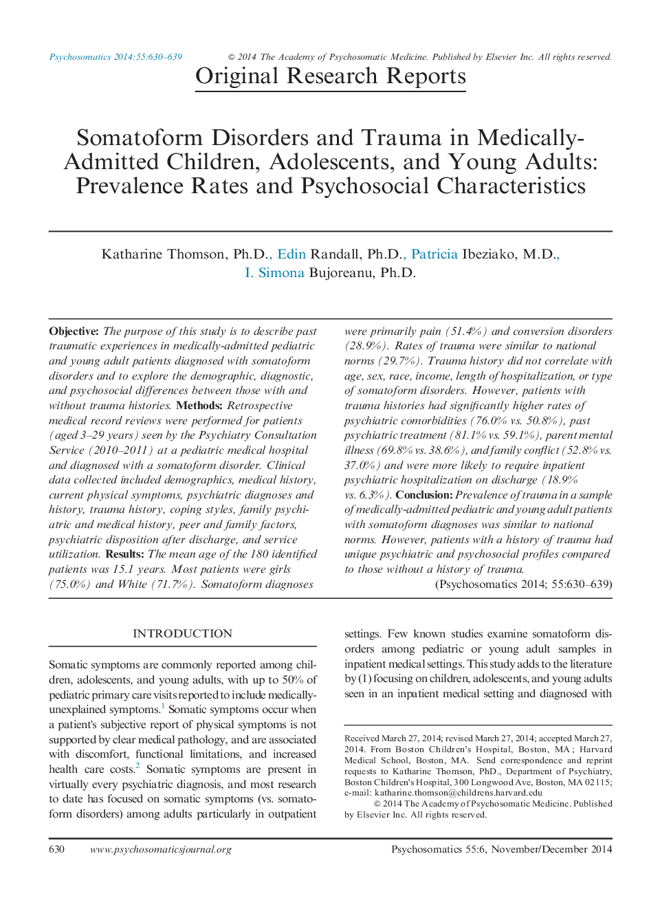 Somatoform Disorders and Trauma in Medically-Admitted Children, Adolescents, and Young Adults: Prevalence Rates and Psychosocial Characteristics