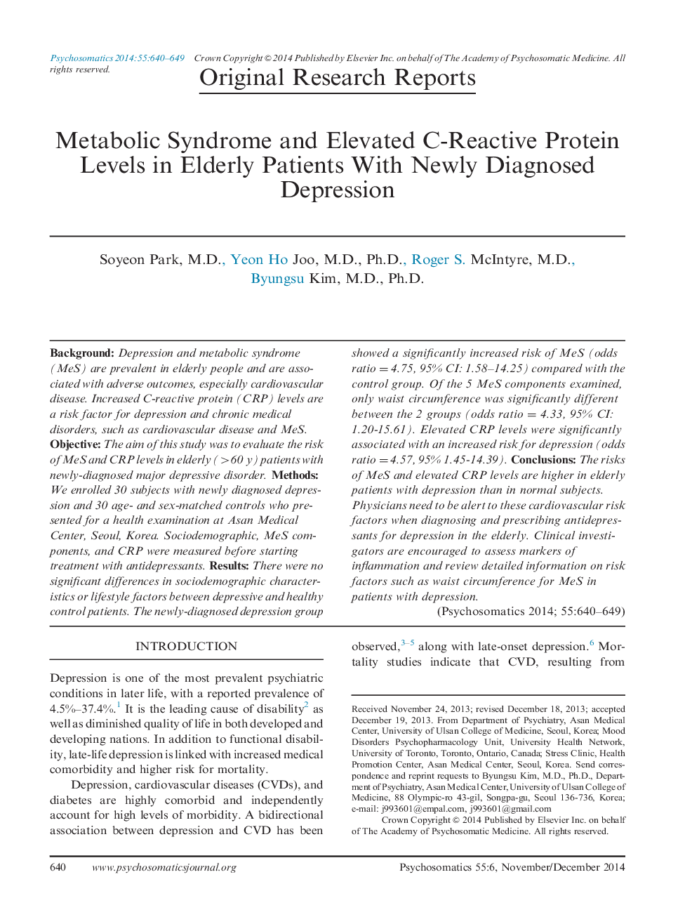 Metabolic Syndrome and Elevated C-Reactive Protein Levels in Elderly Patients With Newly Diagnosed Depression