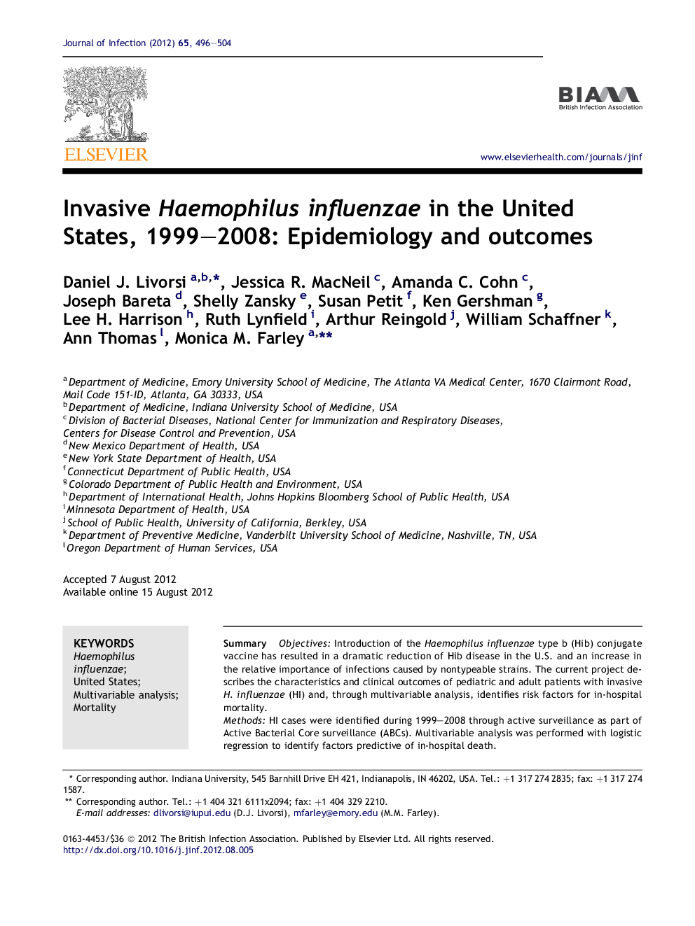 Invasive Haemophilus influenzae in the United States, 1999–2008: Epidemiology and outcomes