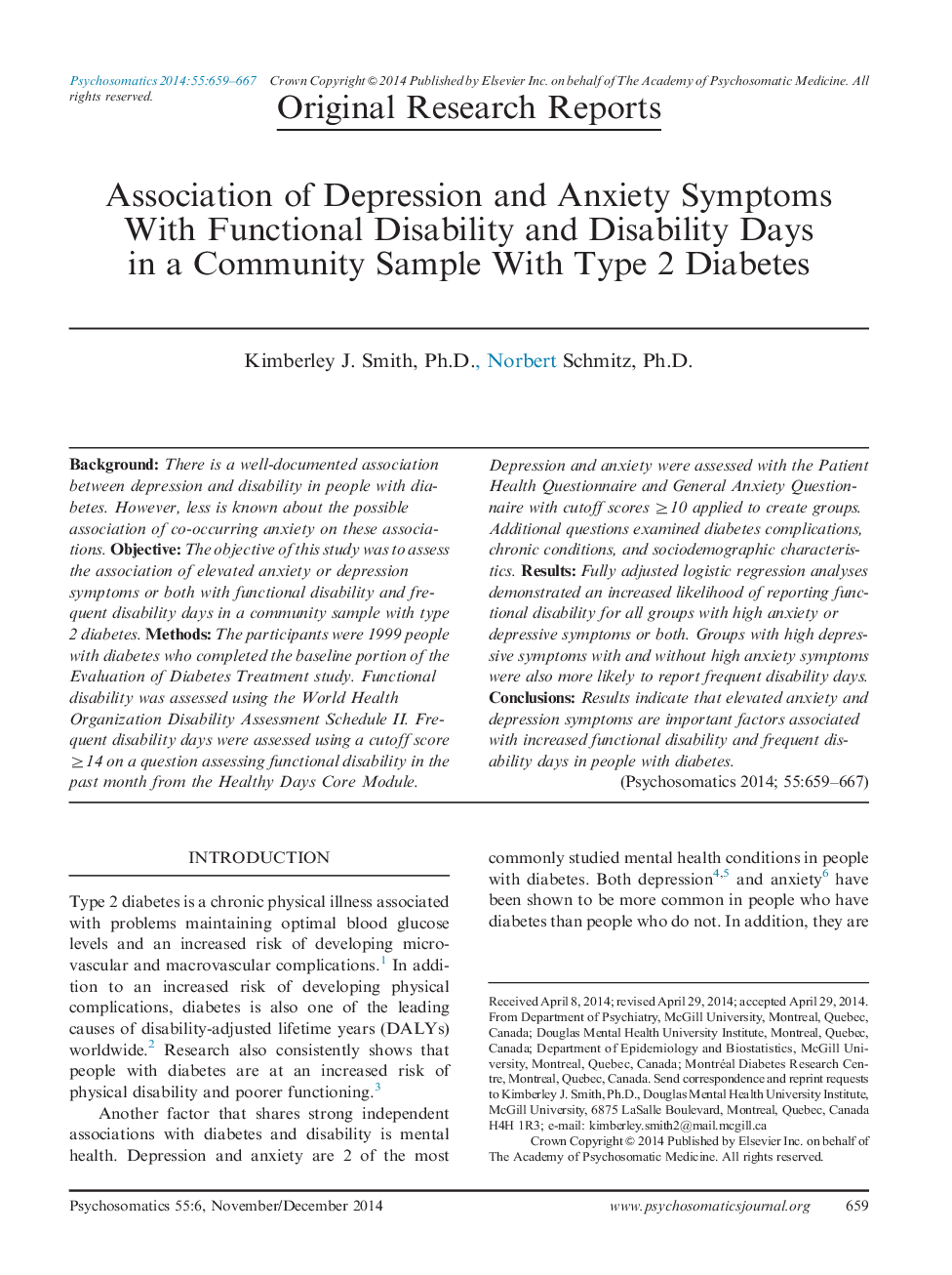 Association of Depression and Anxiety Symptoms With Functional Disability and Disability Days in a Community Sample With Type 2 Diabetes