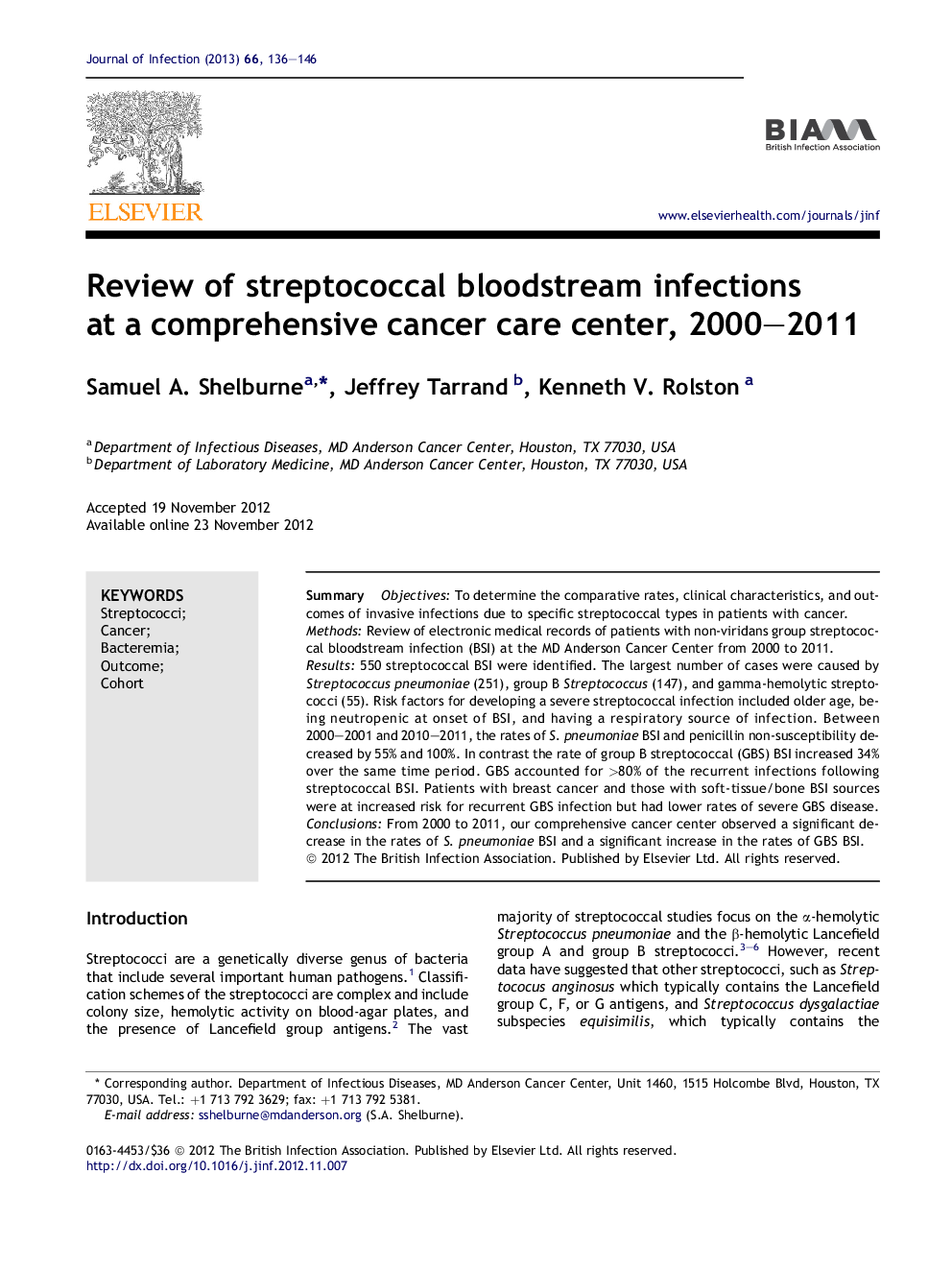 Review of streptococcal bloodstream infections at a comprehensive cancer care center, 2000–2011