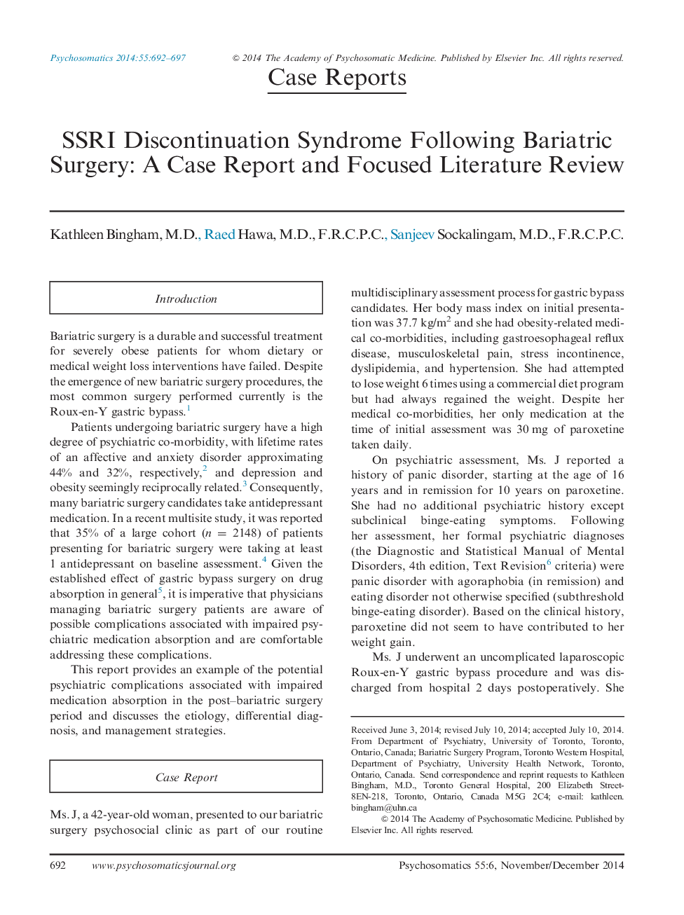 SSRI Discontinuation Syndrome Following Bariatric Surgery: A Case Report and Focused Literature Review