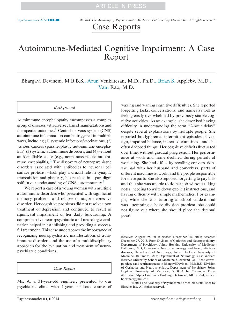Autoimmune-Mediated Cognitive Impairment: A Case Report