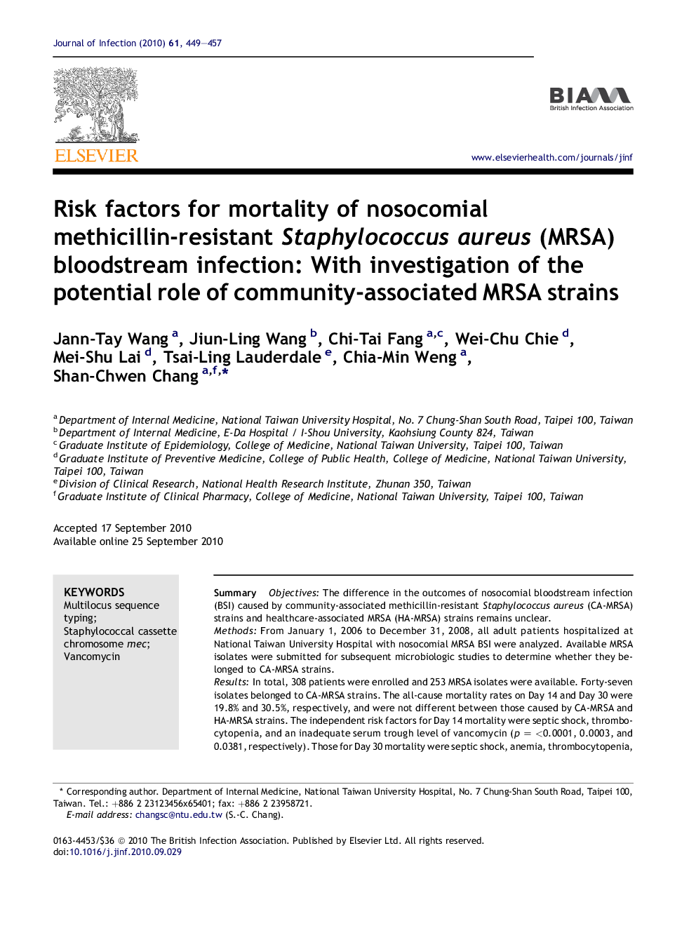 Risk factors for mortality of nosocomial methicillin-resistant Staphylococcus aureus (MRSA) bloodstream infection: With investigation of the potential role of community-associated MRSA strains