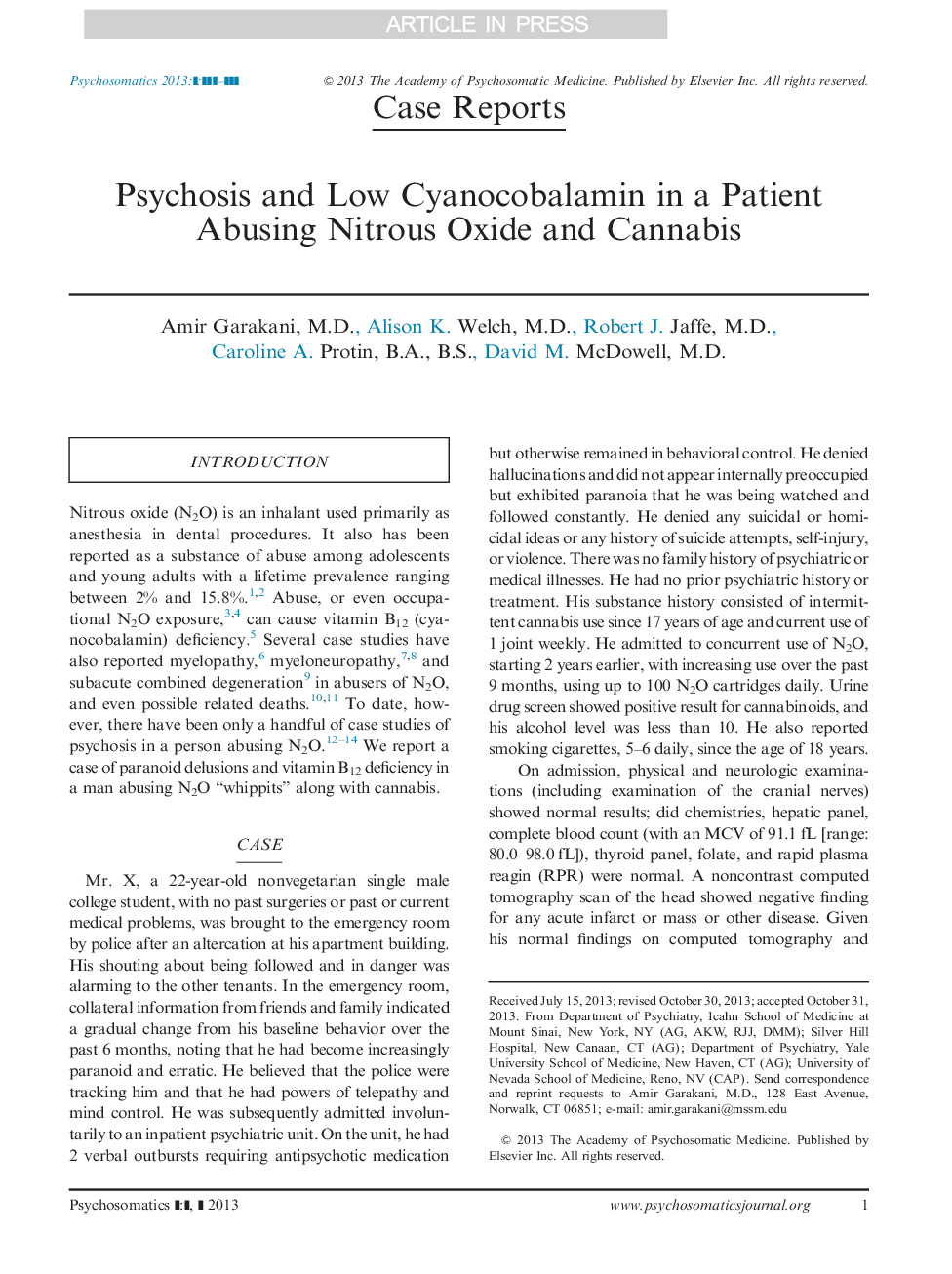 Psychosis and Low Cyanocobalamin in a Patient Abusing Nitrous Oxide and Cannabis