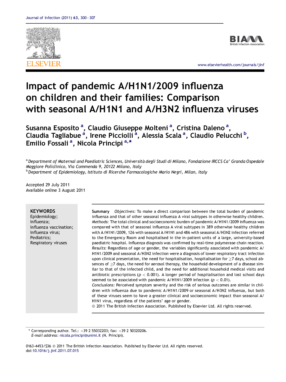 Impact of pandemic A/H1N1/2009 influenza on children and their families: Comparison with seasonal A/H1N1 and A/H3N2 influenza viruses