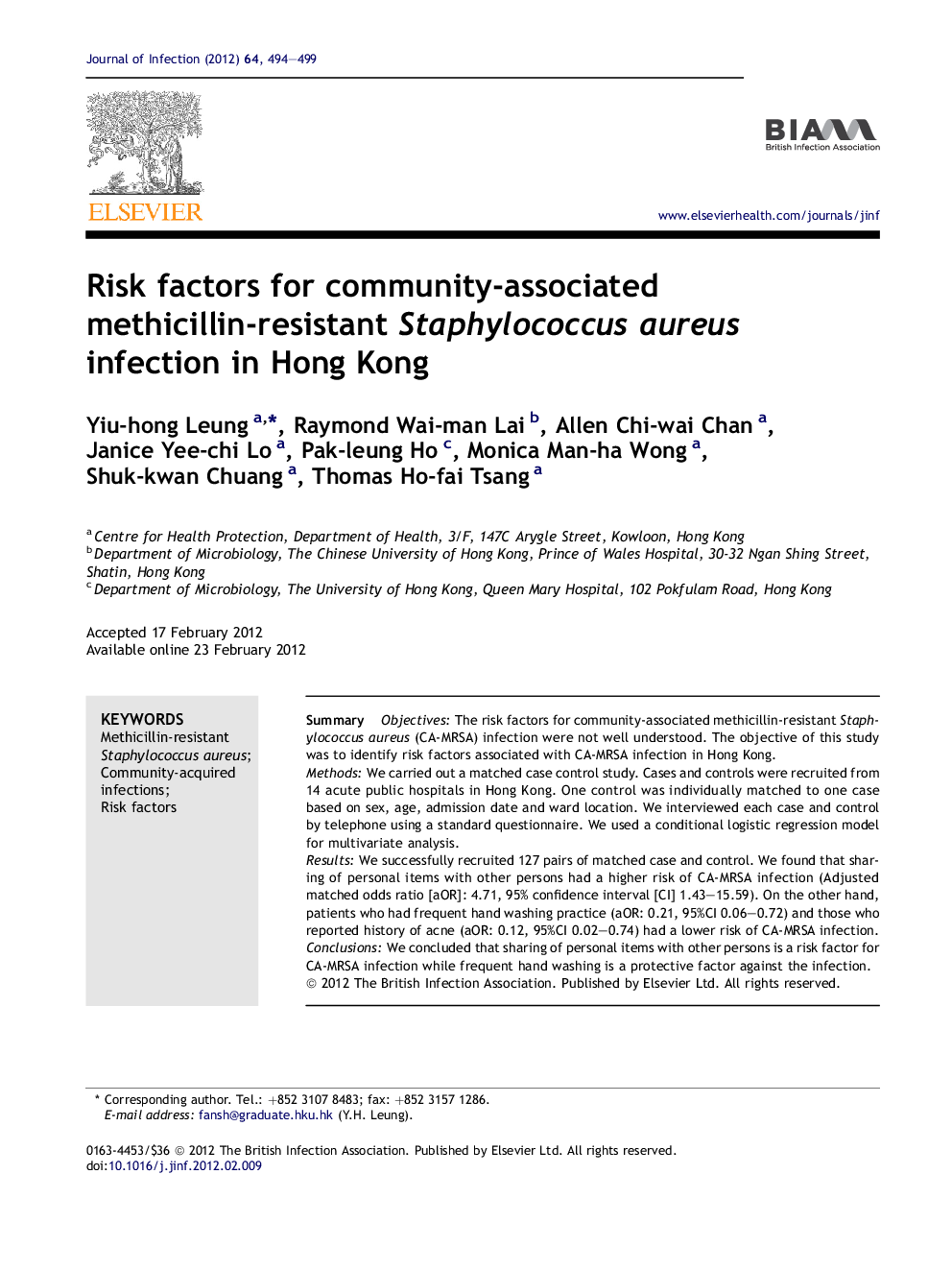 Risk factors for community-associated methicillin-resistant Staphylococcus aureus infection in Hong Kong