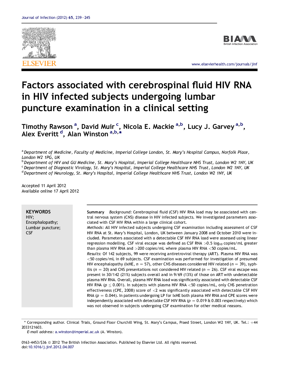 Factors associated with cerebrospinal fluid HIV RNA in HIV infected subjects undergoing lumbar puncture examination in a clinical setting