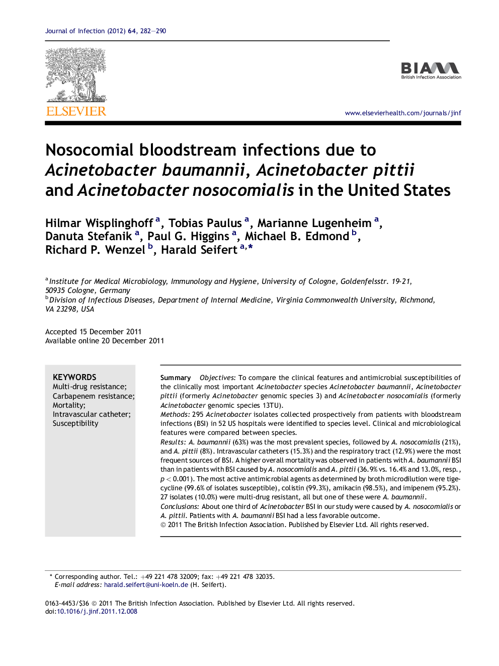 Nosocomial bloodstream infections due to Acinetobacter baumannii, Acinetobacter pittii and Acinetobacter nosocomialis in the United States