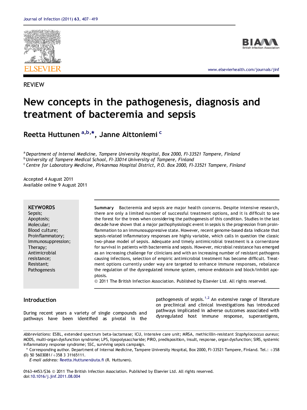 New concepts in the pathogenesis, diagnosis and treatment of bacteremia and sepsis