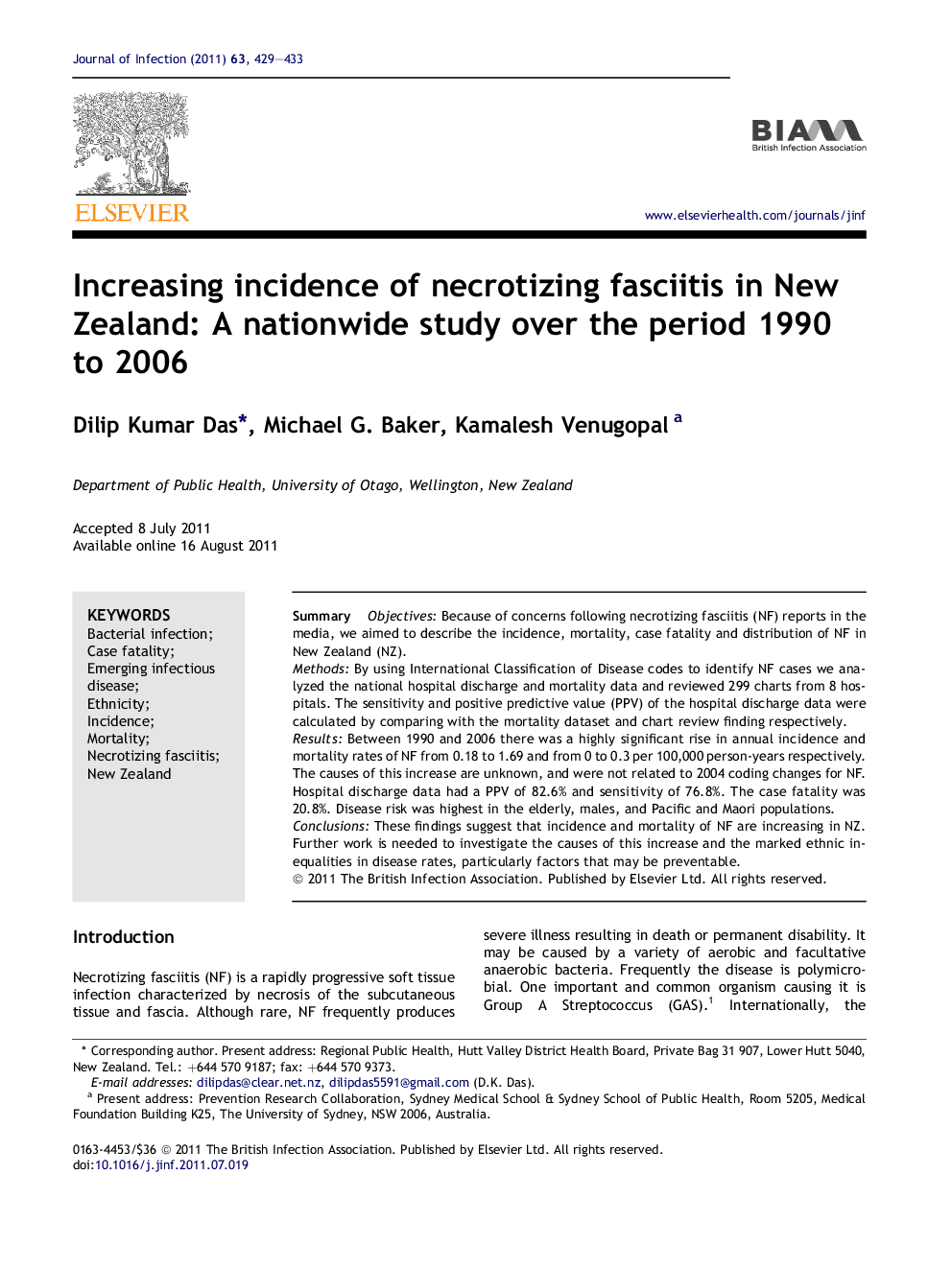 Increasing incidence of necrotizing fasciitis in New Zealand: A nationwide study over the period 1990 to 2006