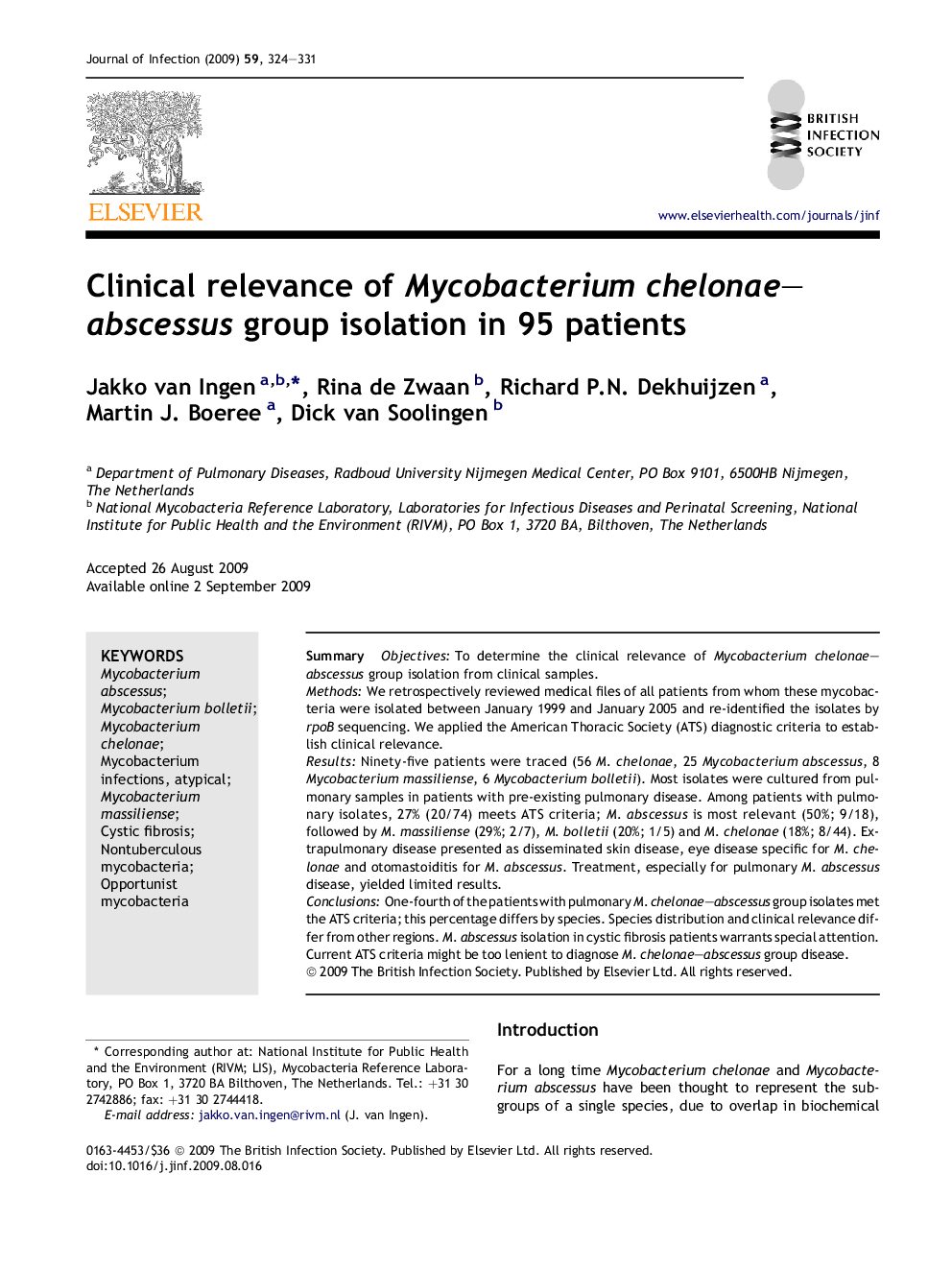 Clinical relevance of Mycobacterium chelonae–abscessus group isolation in 95 patients