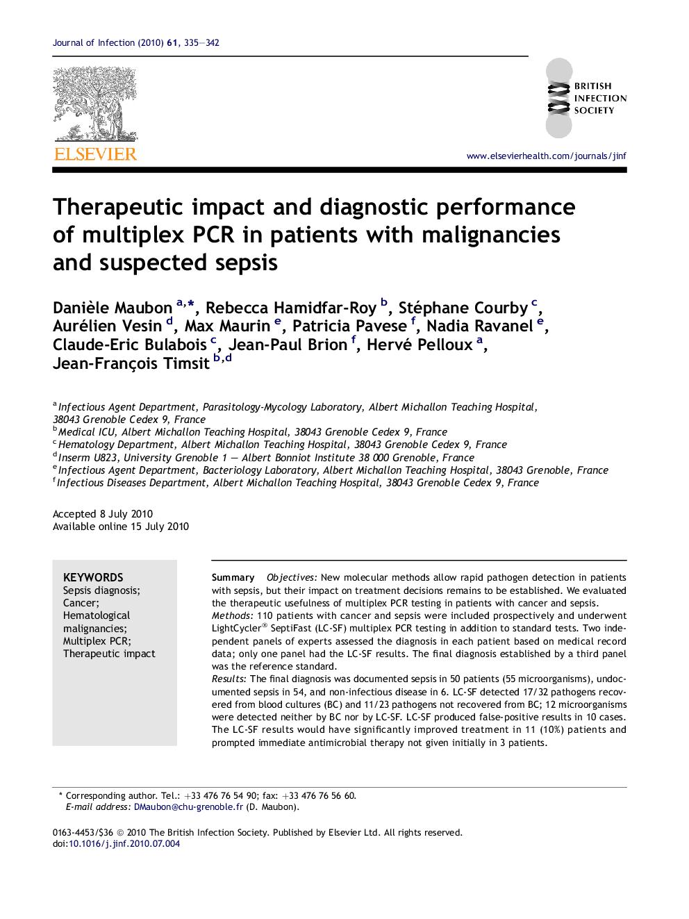 Therapeutic impact and diagnostic performance of multiplex PCR in patients with malignancies and suspected sepsis