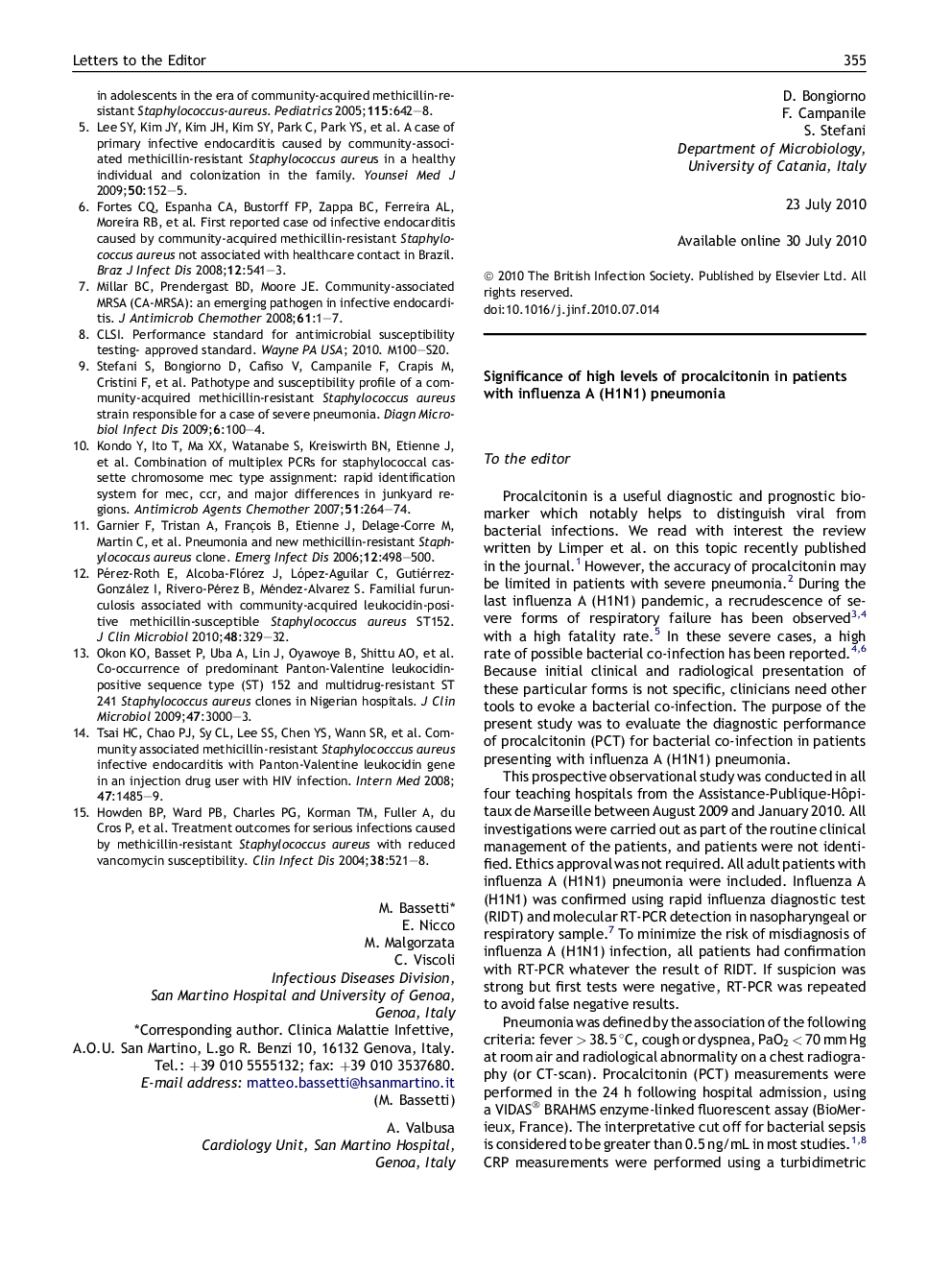 Significance of high levels of procalcitonin in patients with influenza A (H1N1) pneumonia