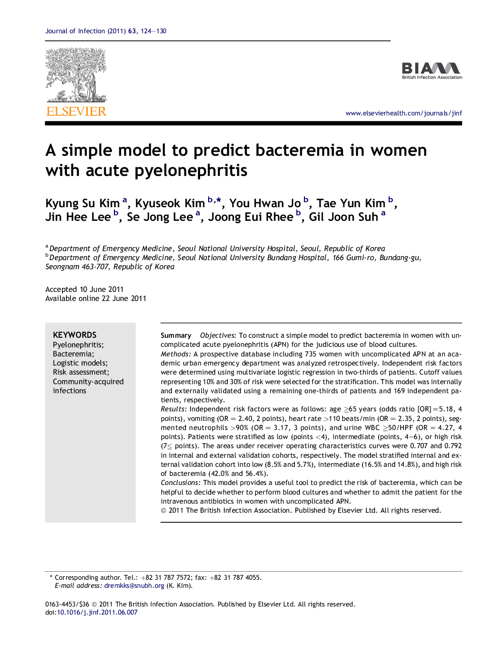 A simple model to predict bacteremia in women with acute pyelonephritis