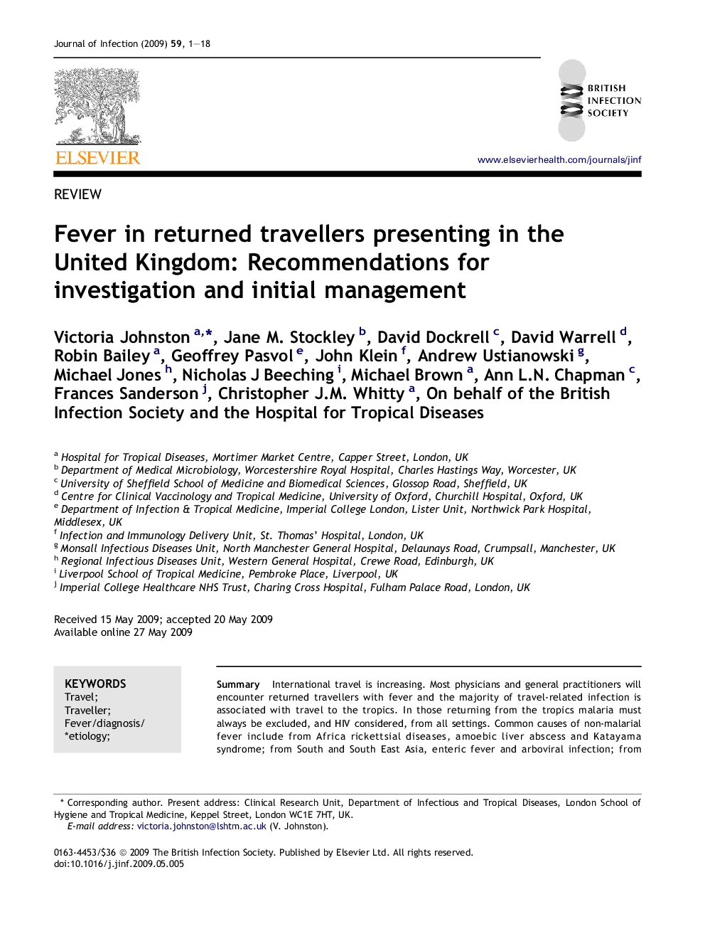 Fever in returned travellers presenting in the United Kingdom: Recommendations for investigation and initial management