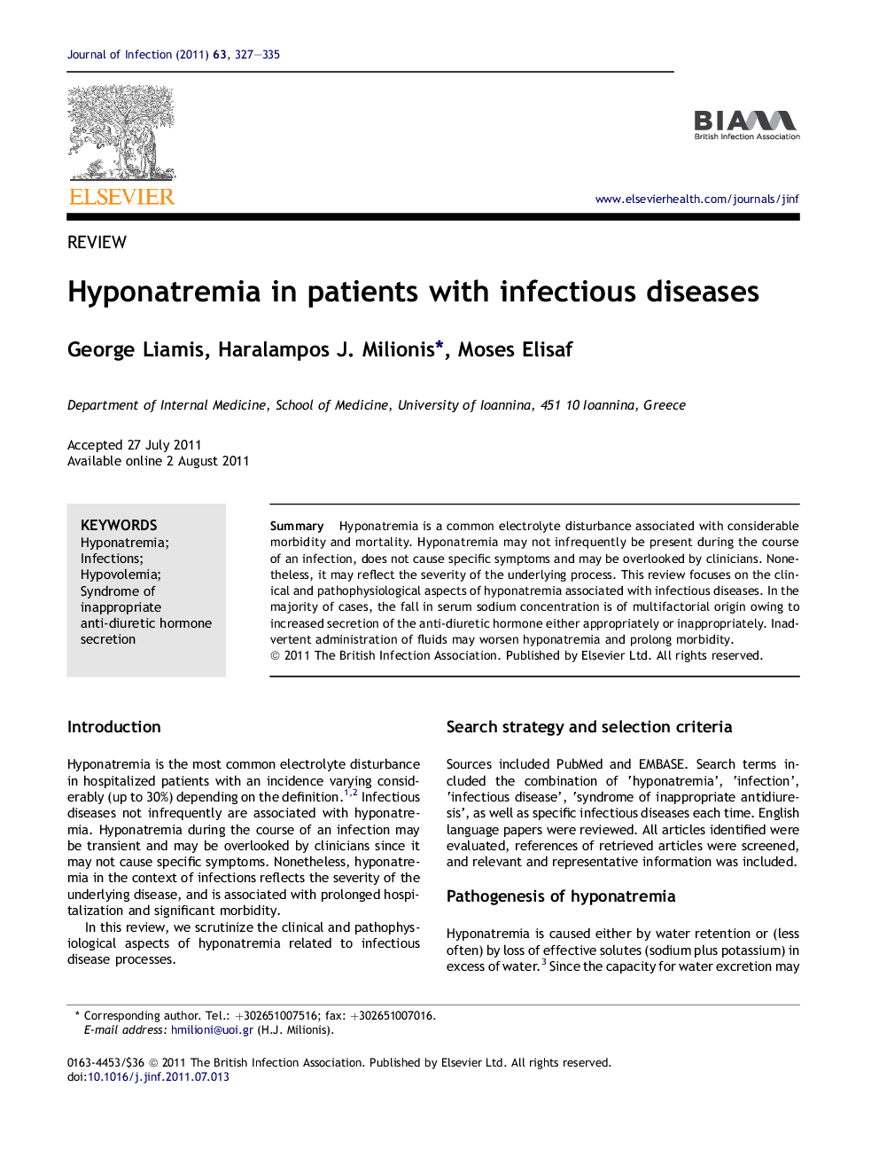 Hyponatremia in patients with infectious diseases