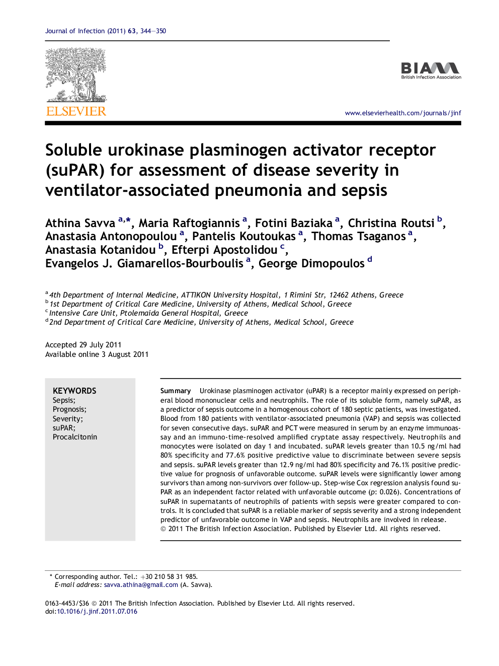 Soluble urokinase plasminogen activator receptor (suPAR) for assessment of disease severity in ventilator-associated pneumonia and sepsis