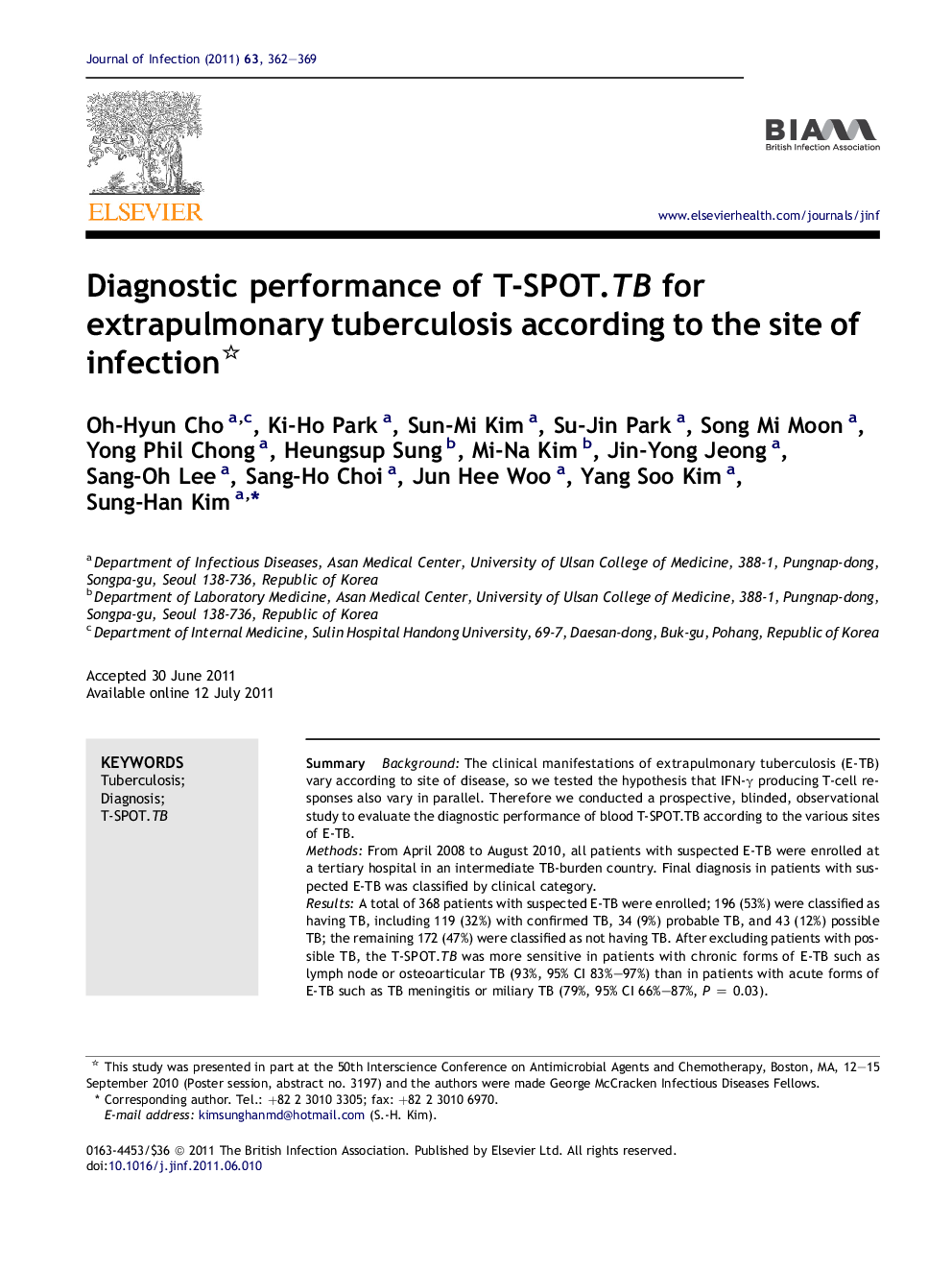 Diagnostic performance of T-SPOT.TB for extrapulmonary tuberculosis according to the site of infection 