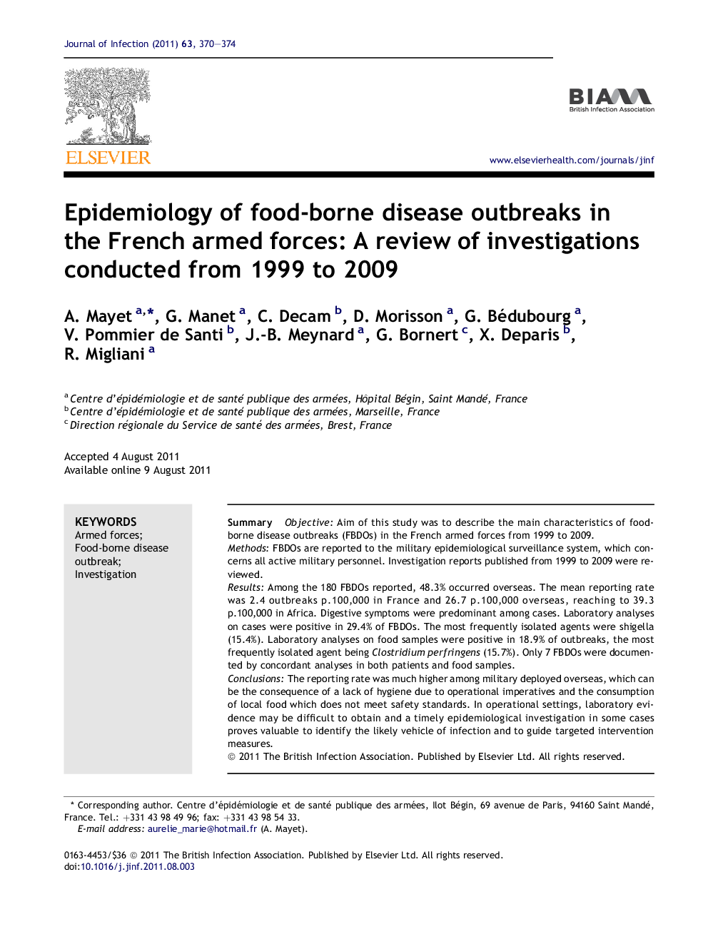 Epidemiology of food-borne disease outbreaks in the French armed forces: A review of investigations conducted from 1999 to 2009