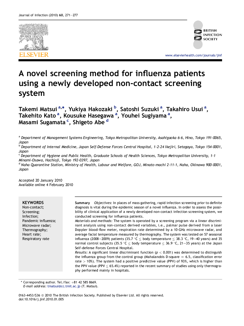 A novel screening method for influenza patients using a newly developed non-contact screening system